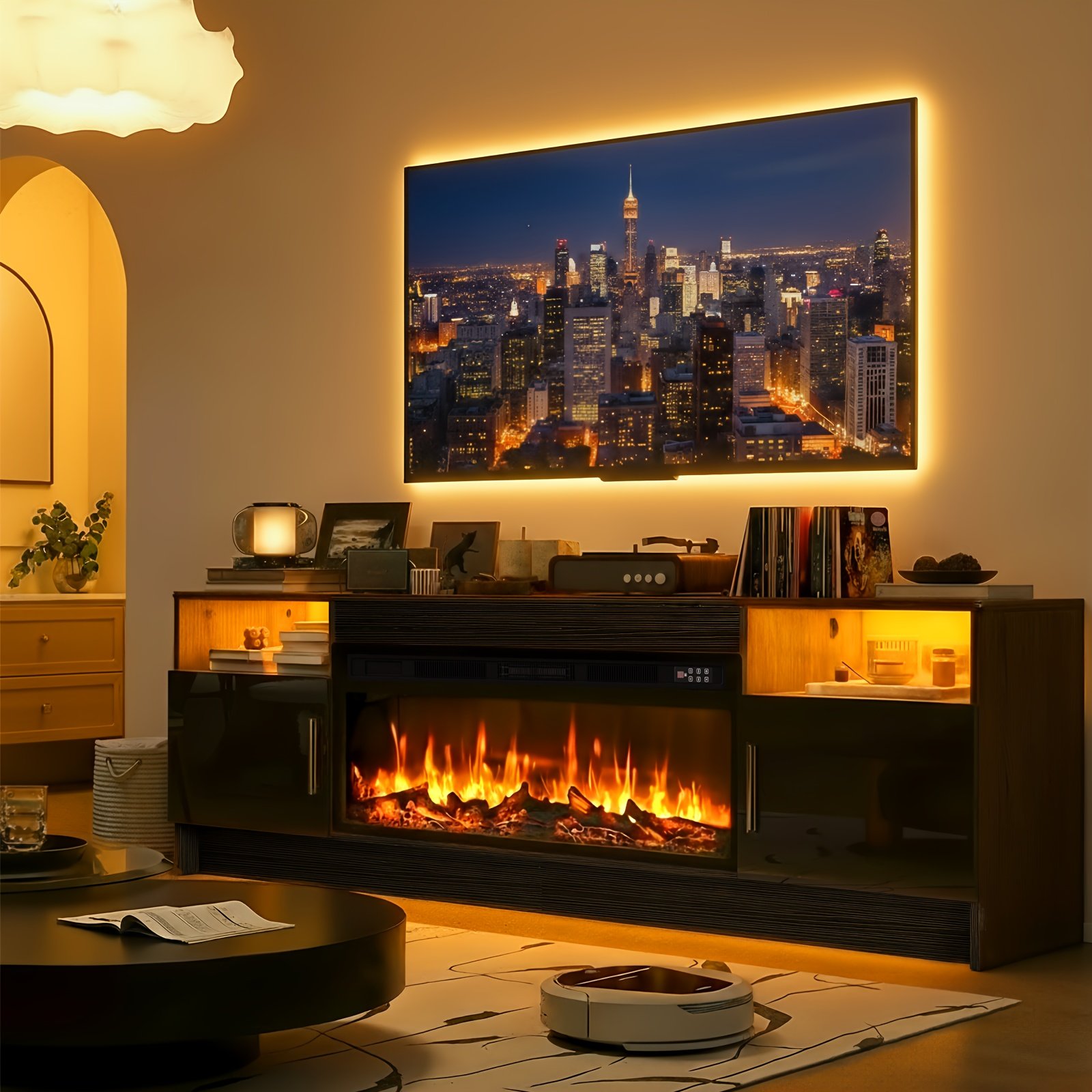 Fireplace TV Stand Entertainment Center With 36" Fireplace, 70" Wooden TV Stand For TVs Up To 80", Media TV Console With High Gloss Storage Cabinet And 20 Colors LED Lights - Image 5