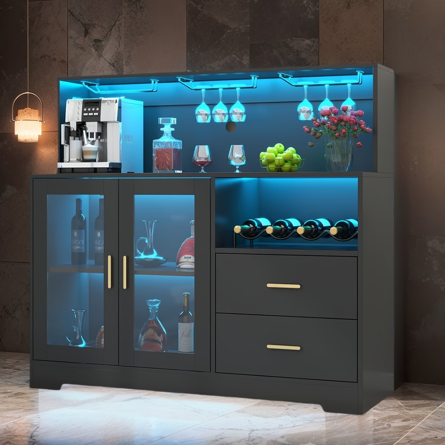 A Wine Storage Cabinet Featuring LED Lighting, Equipped with Racks for Wine And Glasses, Serving As a Kitchen Buffet Sideboard with Additional Storage And Drawers, Designed As a Contemporary Liquor Cabinet And Organizer.