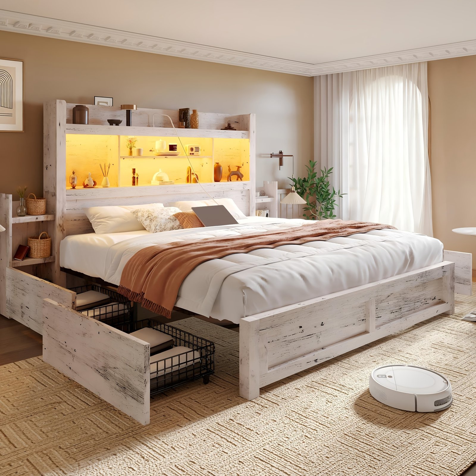 Wooden Bed Frame for a Farmhouse Style Featuring Four Storage Drawers, an LED Headboard with a 49-Inch Tall Bookcase, a Wooden Platform Bed Equipped with a Charging Station, And Two Sliding Bedside Shelves. - Image 7