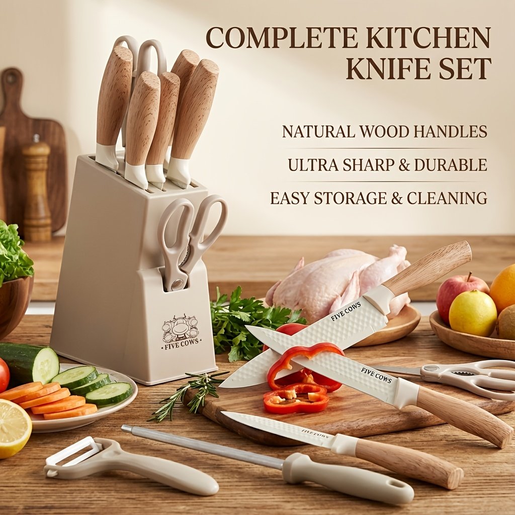 10pcs Knife Block Set with Sharpening Steel& Peeler- Chef& Bread Knives, Finger Guard| High-Carbon Stainless Steel, Dishwasher Safe| Perfect Christmas Gift for Home Chefs - Image 5