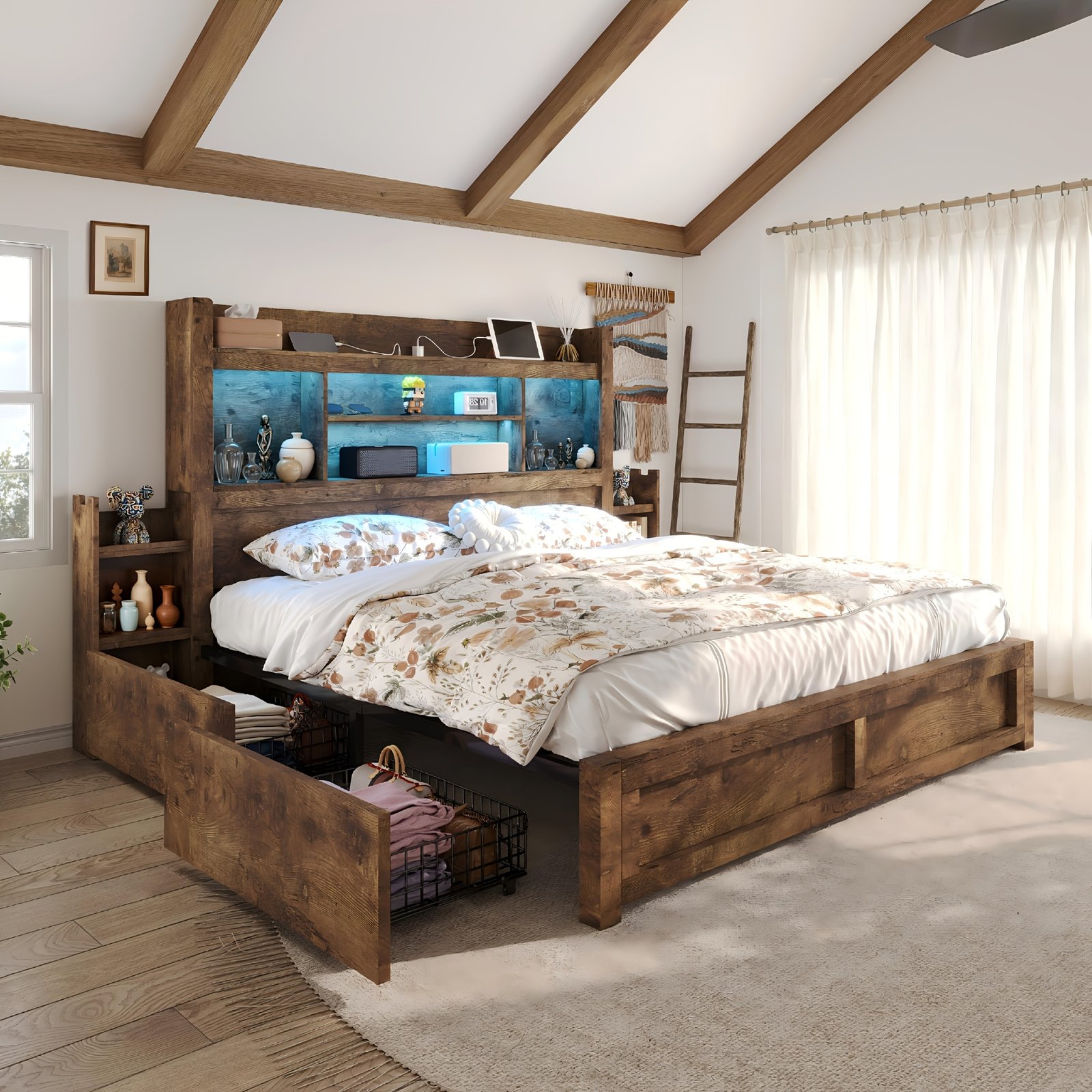 Wooden Bed Frame for a Farmhouse Style Featuring Four Storage Drawers, an LED Headboard with a 49-Inch Tall Bookcase, a Wooden Platform Bed Equipped with a Charging Station, And Two Sliding Bedside Shelves. - Image 2
