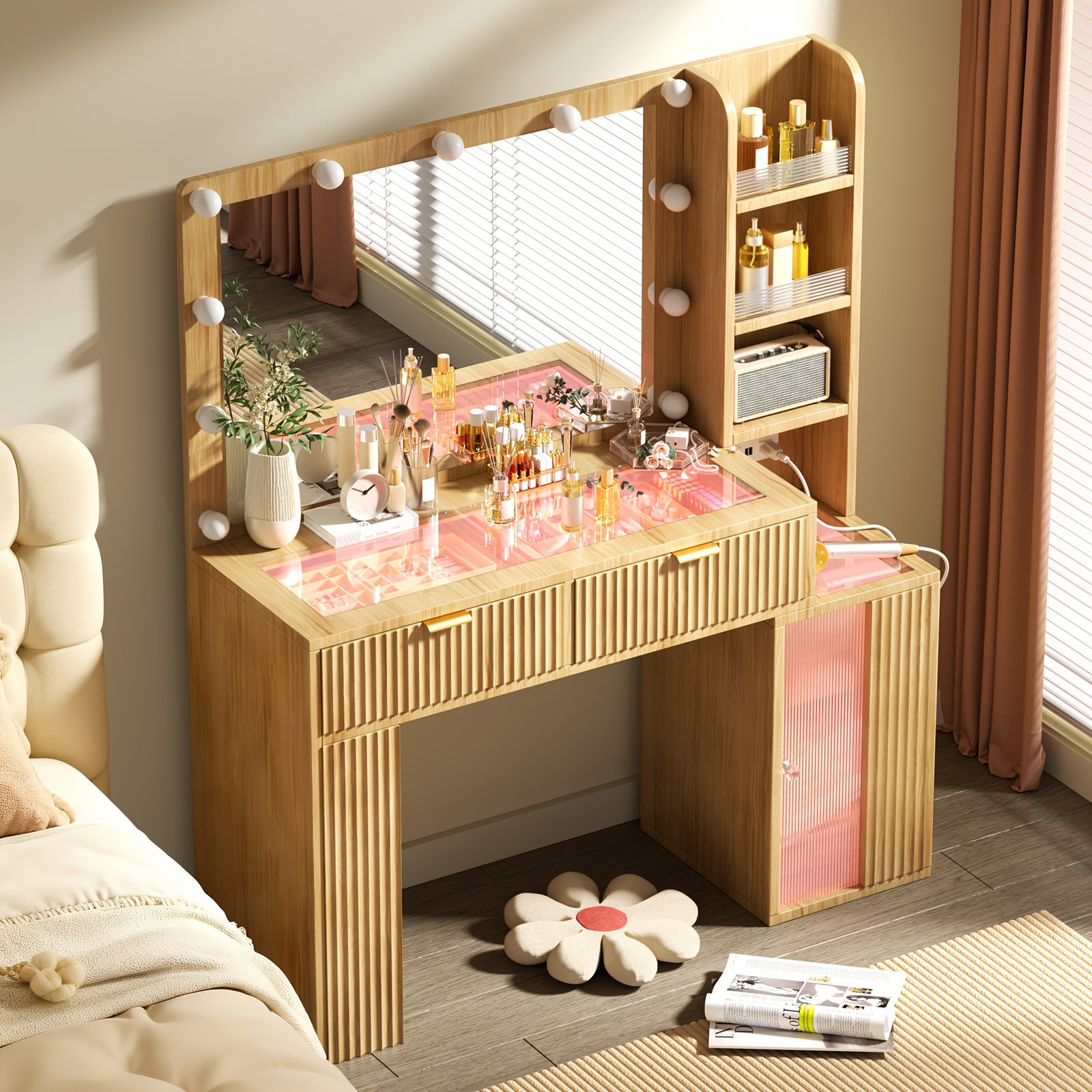 Hollywood Style Makeup Vanity Desk with Large 37" Lighted Mirror, RGB Color Changing Lights, Vanity Table with Tempered Glass Top, Lighted Drawers, 5-Tier Shelves & Acrylic Cabinet, Gift for Women - Image 2