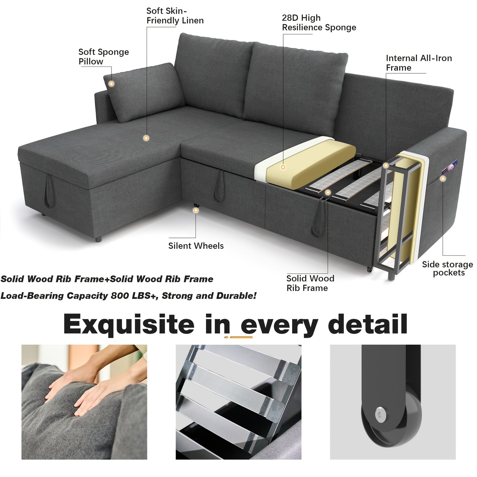 Polar Aurora Sleeper Soft Bed, Pull Out Couch Bed with Storage Chaise, Iron Frame Soft Futon Sofa, Convertible Sleeper Couch for Living Room/Apartment/Office. (Linen L-Shape, Dark Gray) - Image 9