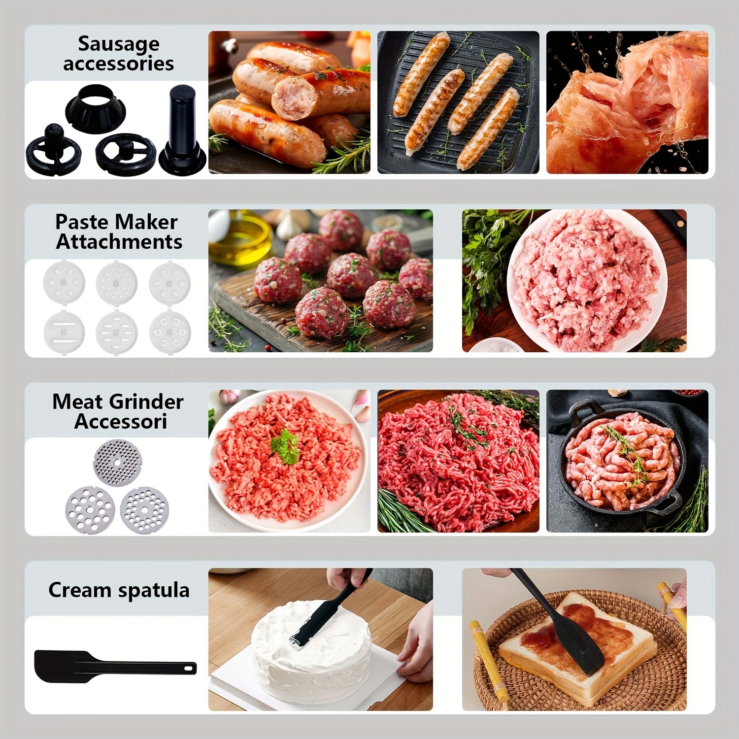 6-in-1 Electric Vertical Mixer, 400W 6-speed with Pulse Button, Accessories with 6.3QT Stainless Steel Bowl, Mixer, Dough Hook, Egg Beater, Spatula, Juicer Accessories, Meat Grinder Accessories and Noodle Pressing Accessories - Image 8