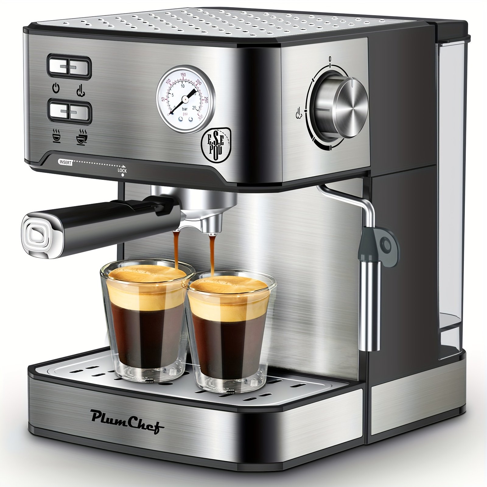 Plum Chef Espresso Machine, Made of Stainless Steel, Features a Dual-Brew Coffee System with a 54.1oz Water Reservoir, Includes Safety Mechanisms And Overpressure Protection, Perfect for Everyday Use at for Home