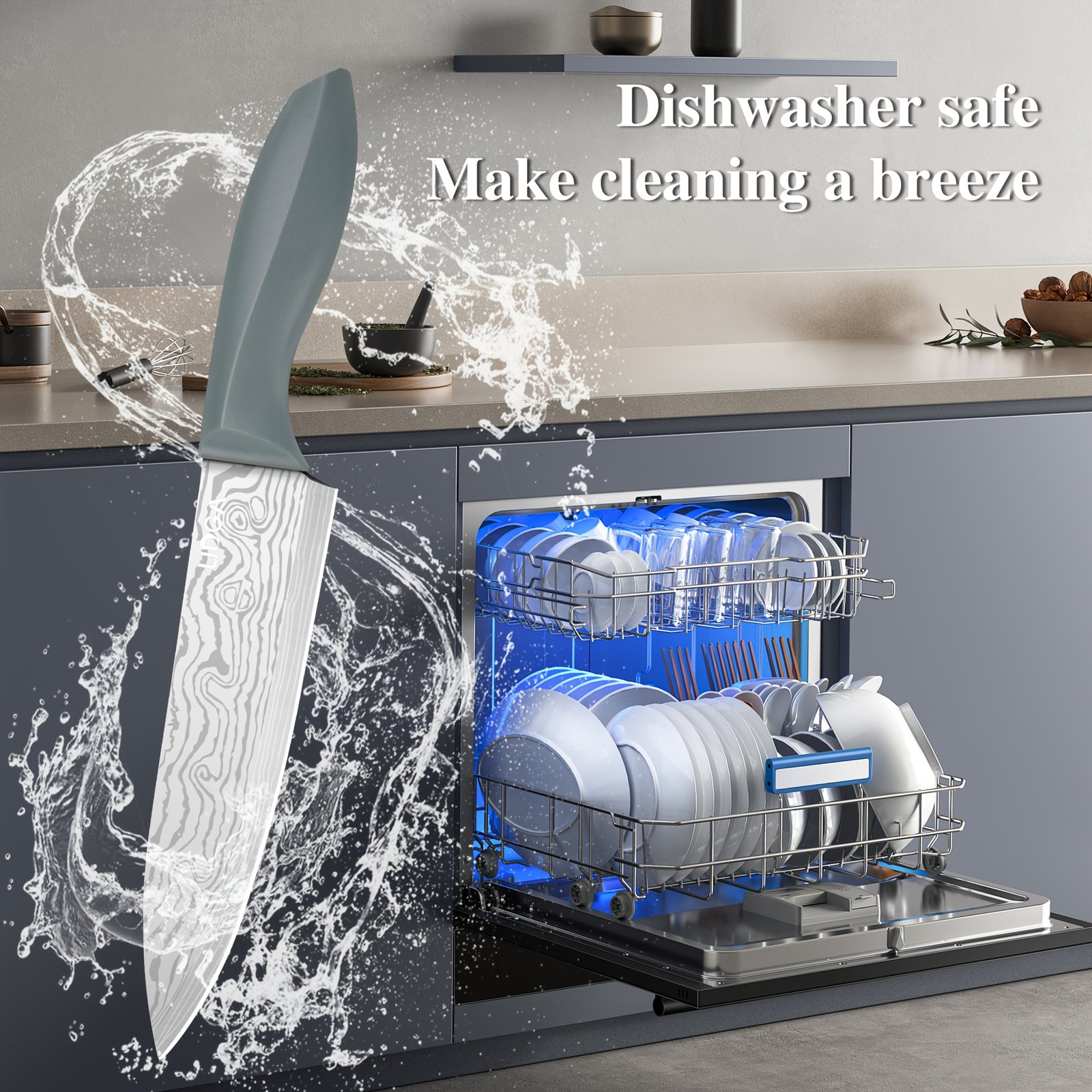 Damascus Patterned Stainless Steel Knife Set, Professional Kitchen Knife Collection, Chef'S Knife, Slicing Knife, Peeler, And Scissors, Made of High-Carbon Stainless Steel with Ultra-Sharp Blades, Featuring Non-Stick Ergonomic ABS Handles, Perfect for Home Use, Travel, And As a Gift Set. - Image 9