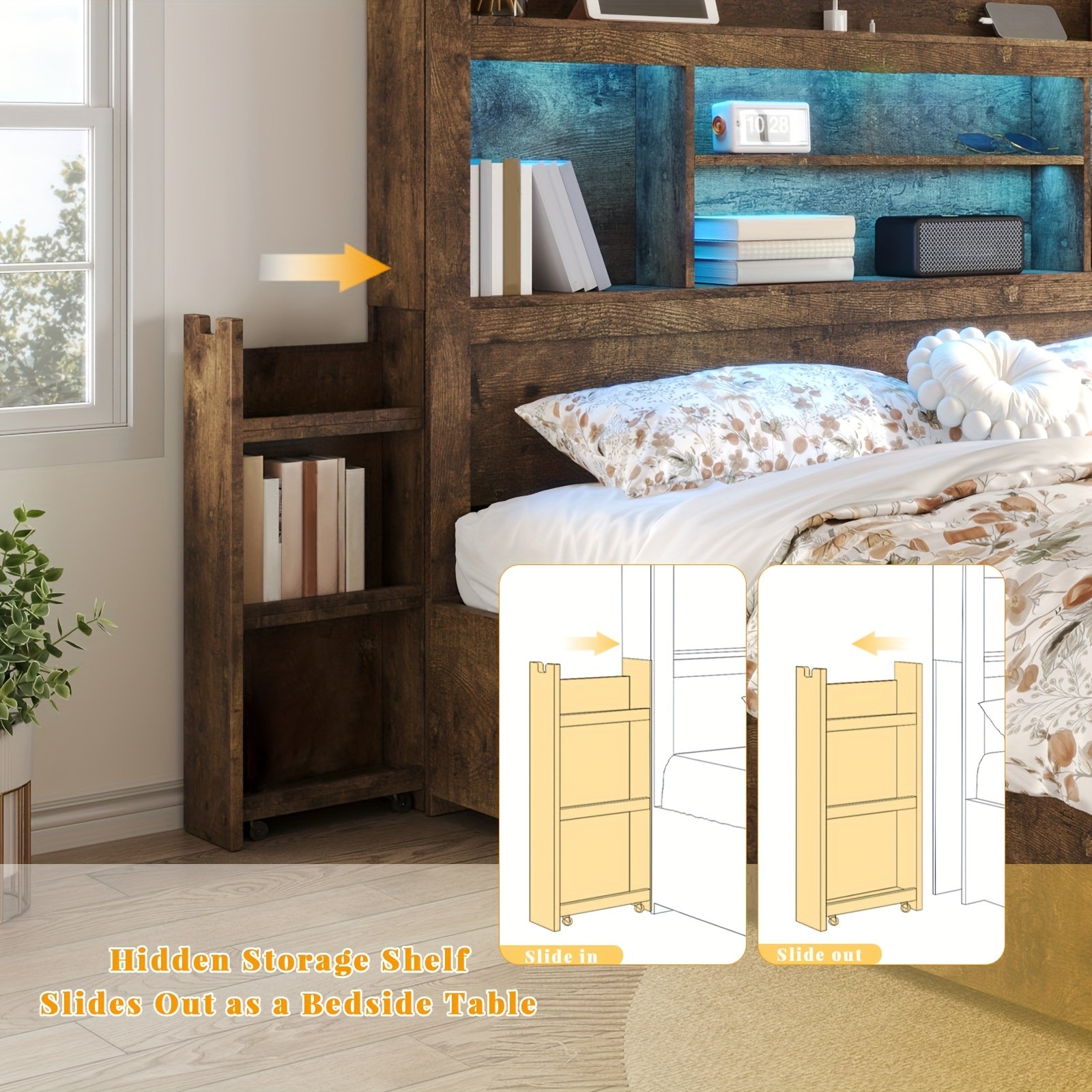 Wooden Bed Frame for a Farmhouse Style Featuring Four Storage Drawers, an LED Headboard with a 49-Inch Tall Bookcase, a Wooden Platform Bed Equipped with a Charging Station, And Two Sliding Bedside Shelves. - Image 3