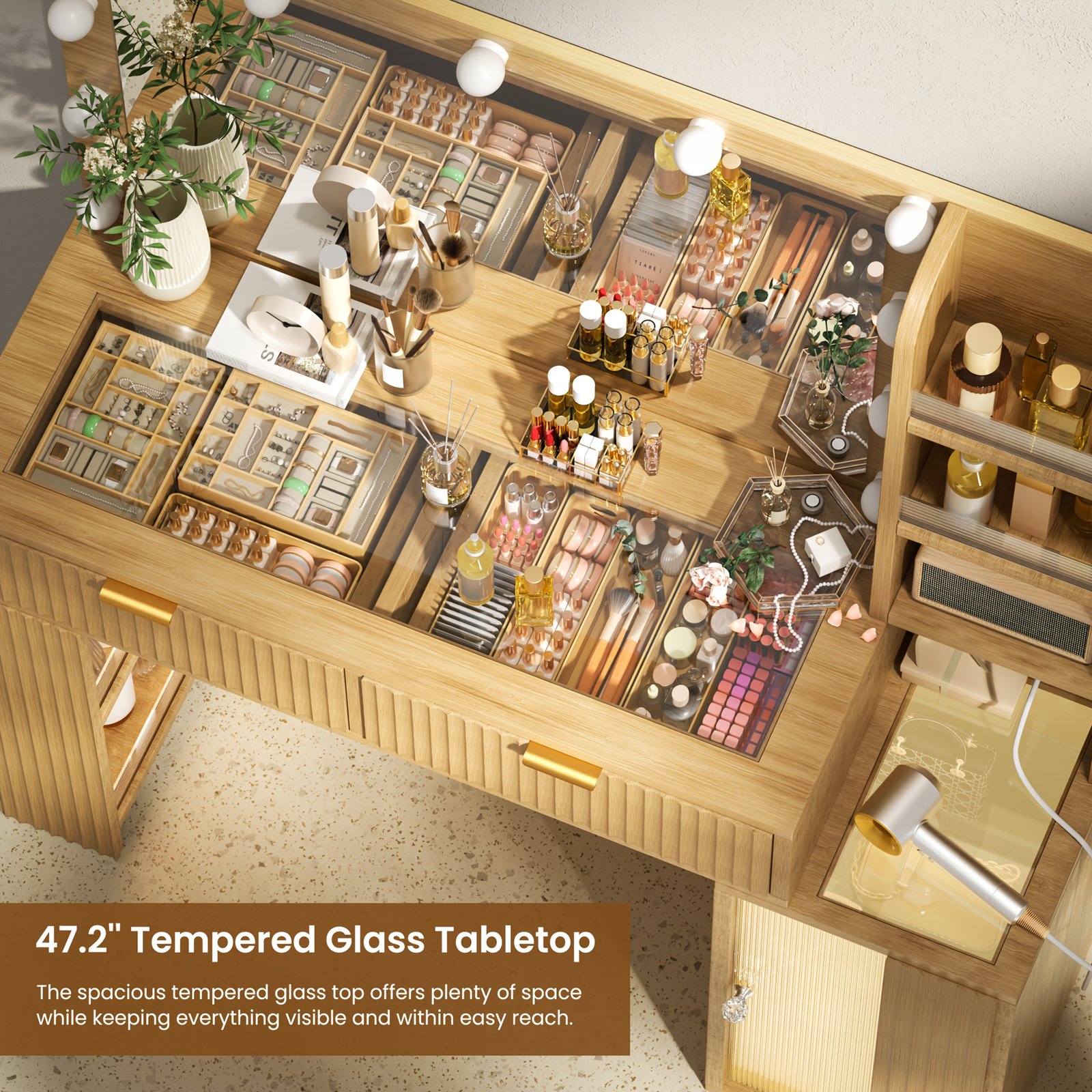 Hollywood Style Makeup Vanity Desk with Large 37" Lighted Mirror, RGB Color Changing Lights, Vanity Table with Tempered Glass Top, Lighted Drawers, 5-Tier Shelves & Acrylic Cabinet, Gift for Women - Image 3