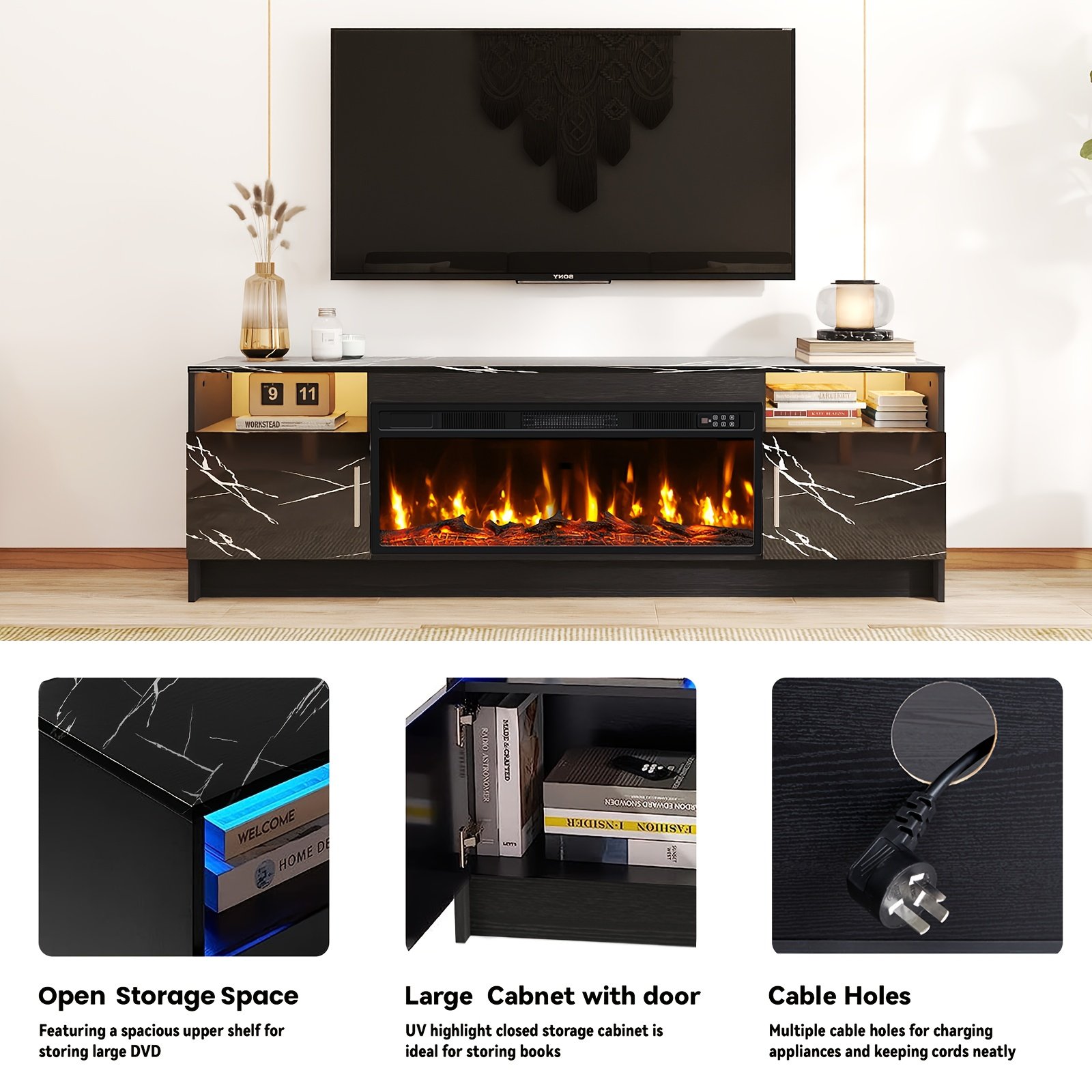 Fireplace TV Stand Entertainment Center With 36" Fireplace, 70" Wooden TV Stand For TVs Up To 80", Media TV Console With High Gloss Storage Cabinet And 20 Colors LED Lights - Image 9