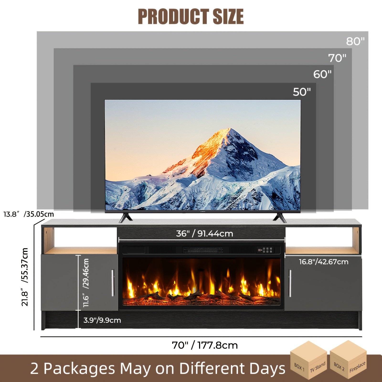 Fireplace TV Stand Entertainment Center With 36" Fireplace, 70" Wooden TV Stand For TVs Up To 80", Media TV Console With High Gloss Storage Cabinet And 20 Colors LED Lights - Image 6