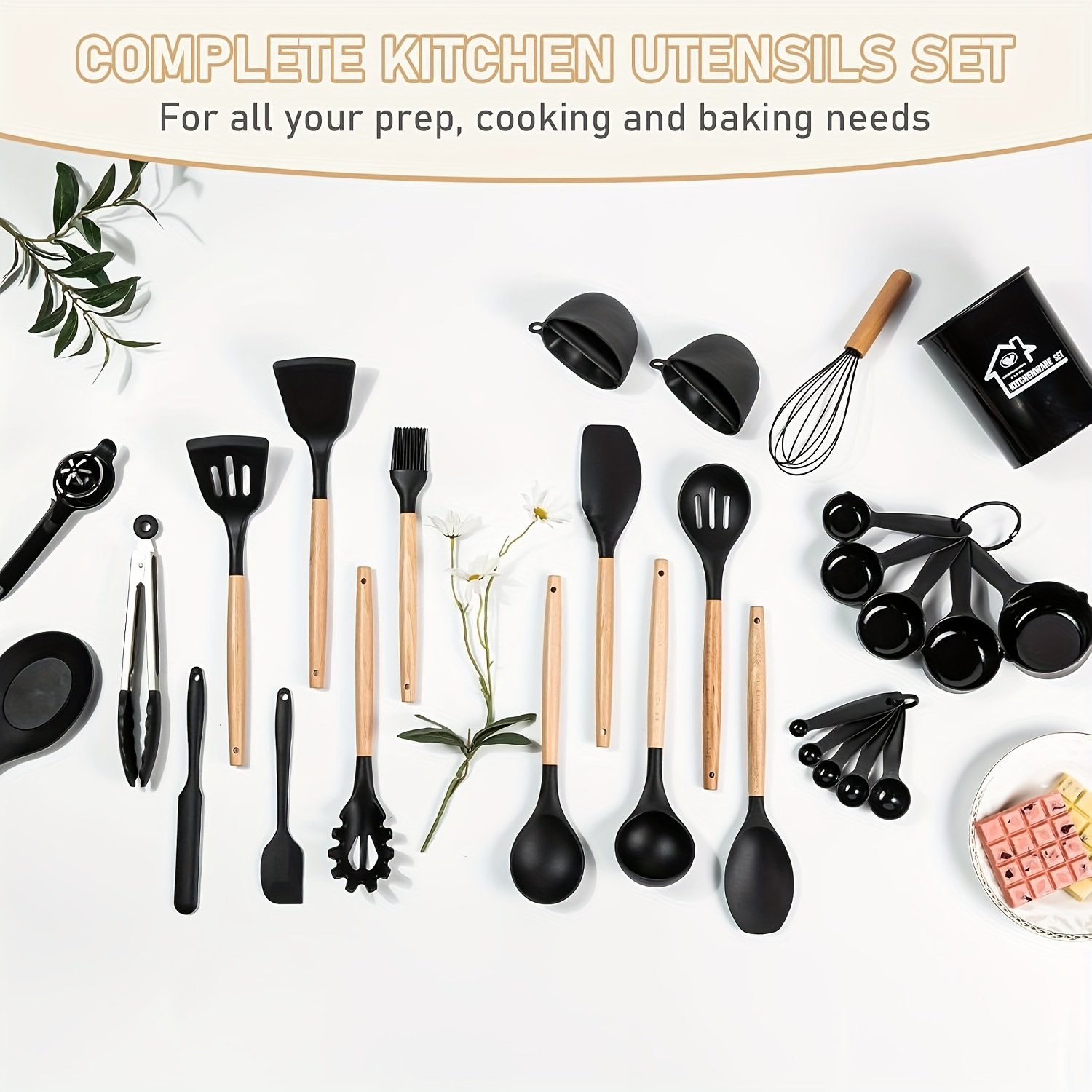Food-Grade Silicone Cooking Tool Set With Wooden Handles And Stands, BPA-Free Non-Stick Cookware Gadgets For Baking, Stirring And Serving - Image 4