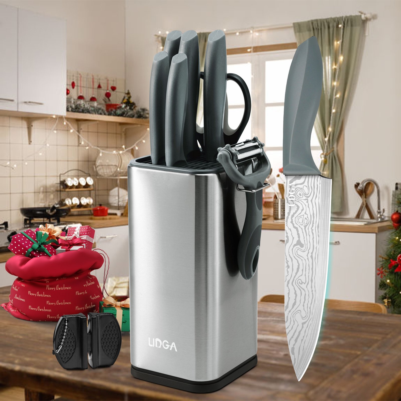 Damascus Patterned Stainless Steel Knife Set, Professional Kitchen Knife Collection, Chef'S Knife, Slicing Knife, Peeler, And Scissors, Made of High-Carbon Stainless Steel with Ultra-Sharp Blades, Featuring Non-Stick Ergonomic ABS Handles, Perfect for Home Use, Travel, And As a Gift Set.