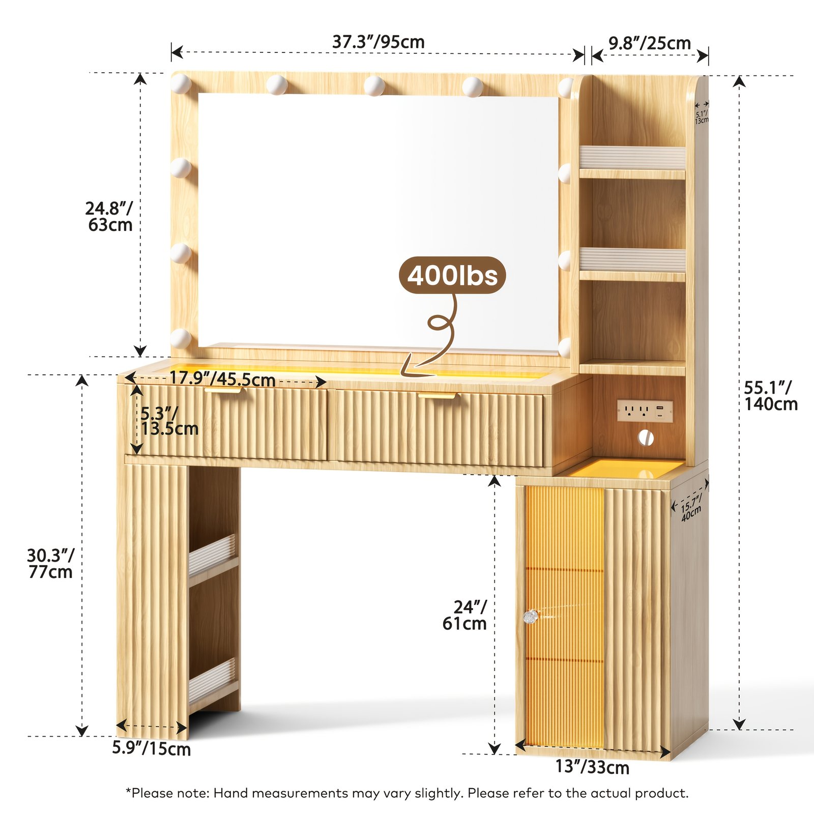 Hollywood Style Makeup Vanity Desk with Large 37" Lighted Mirror, RGB Color Changing Lights, Vanity Table with Tempered Glass Top, Lighted Drawers, 5-Tier Shelves & Acrylic Cabinet, Gift for Women - Image 6