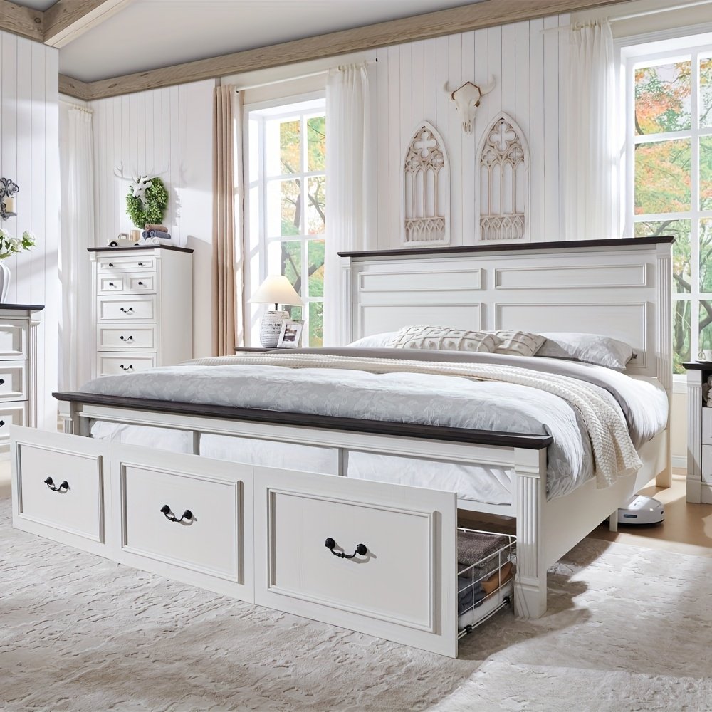 Farmhouse King/ Queen/ Full Size Bed Frame with Tall Headboard, Wood Platform Bed Frame with 20" Tall Roman Column Decoration Footboard & 3 Large Storage Drawers, No Box Spring Needed - Image 3