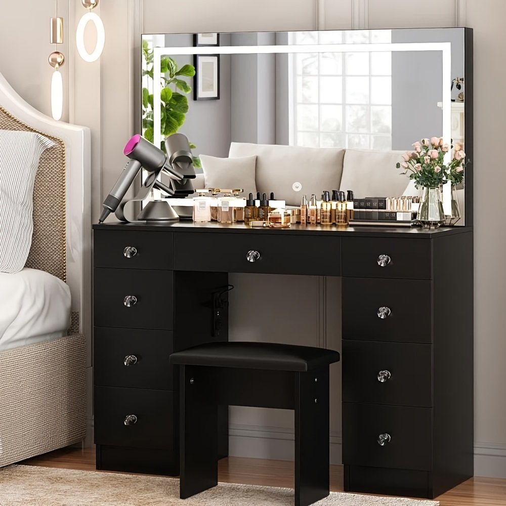 43" Makeup Vanity Desk Set Featuring a Power Outlet, Illuminated Mirror, Stool, And 9 Drawers - Image 5