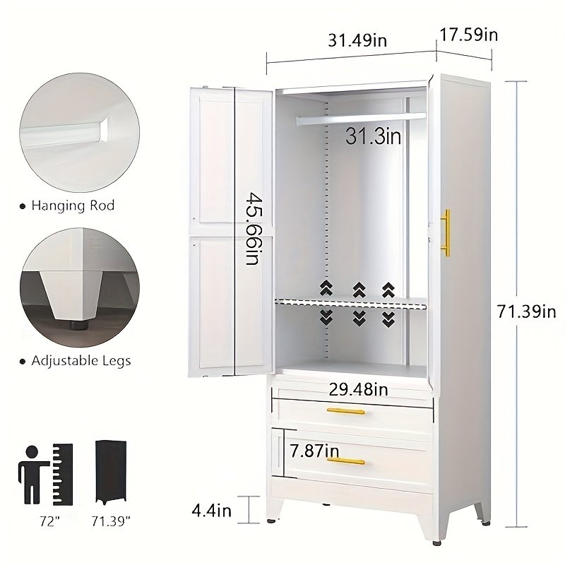 71 Inch Metal Clothing Storage Cabinet with 2 Doors, Golden Handle, 2 Adjustable Shelves, And 2 Drawers, Used for Independent Steel Wardrobes In Bedrooms, Gyms, And Cloakrooms - Image 5