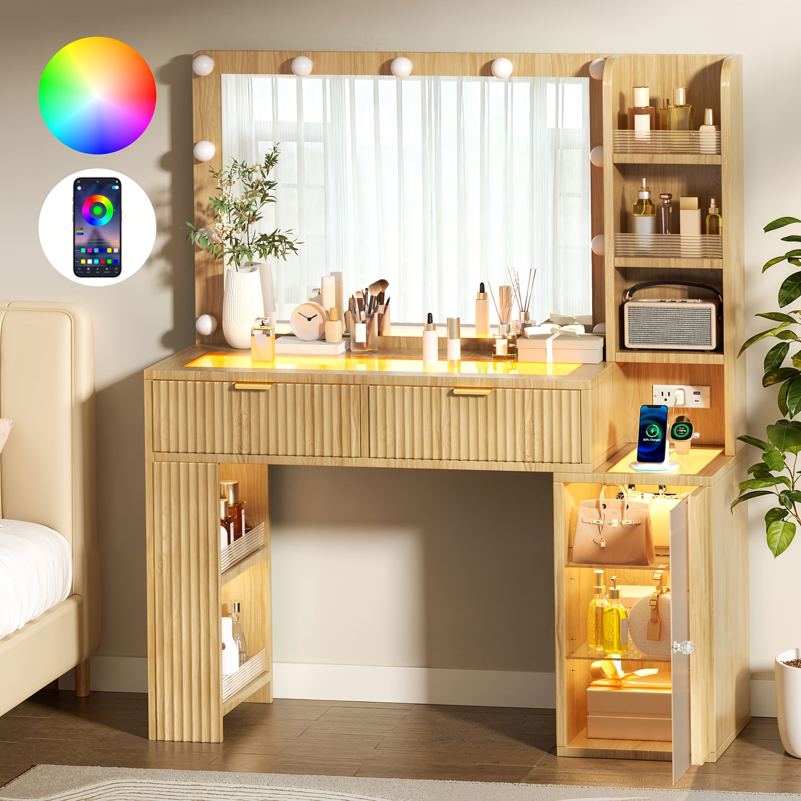 Hollywood Style Makeup Vanity Desk with Large 37" Lighted Mirror, RGB Color Changing Lights, Vanity Table with Tempered Glass Top, Lighted Drawers, 5-Tier Shelves & Acrylic Cabinet, Gift for Women