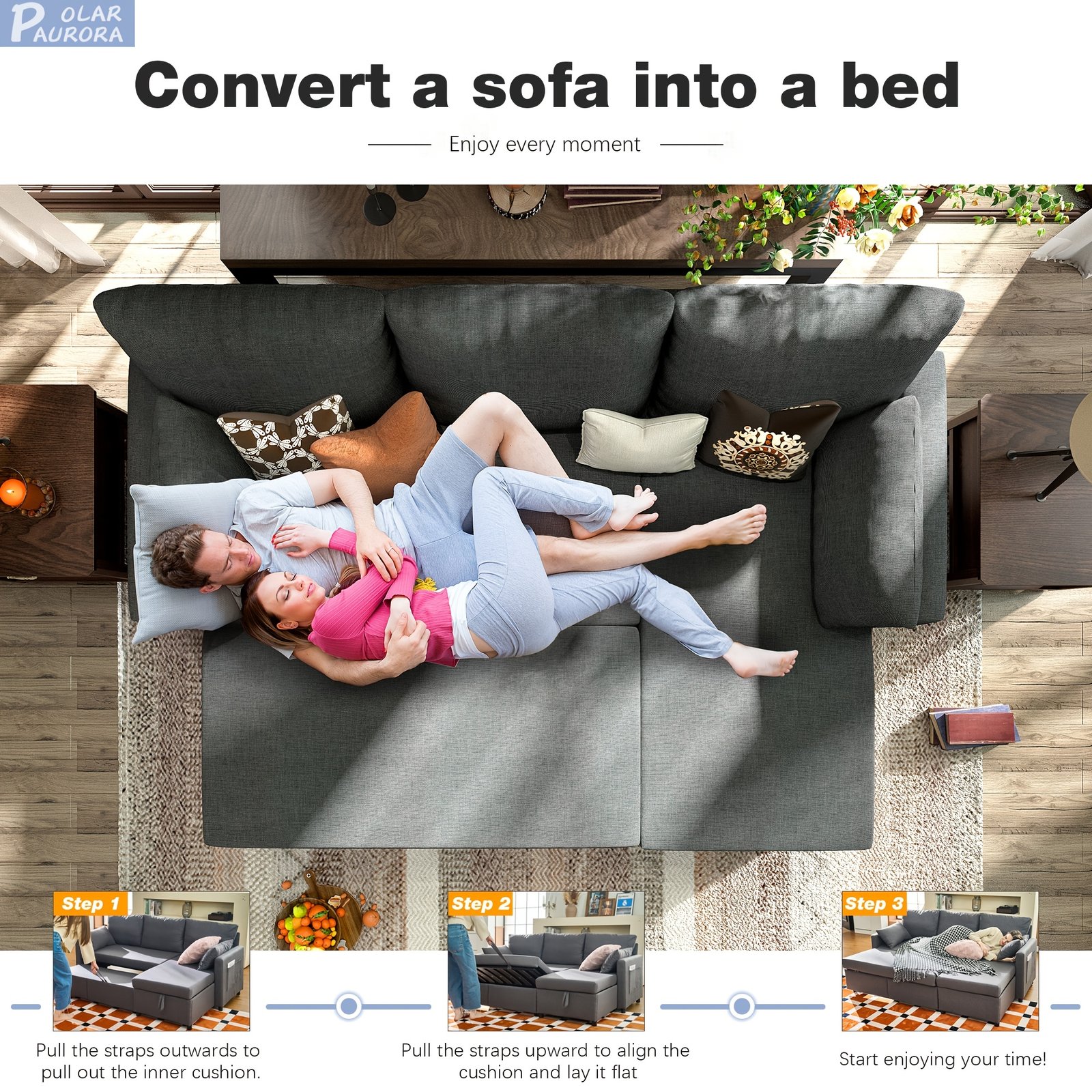 Polar Aurora Sleeper Soft Bed, Pull Out Couch Bed with Storage Chaise, Iron Frame Soft Futon Sofa, Convertible Sleeper Couch for Living Room/Apartment/Office. (Linen L-Shape, Dark Gray) - Image 7