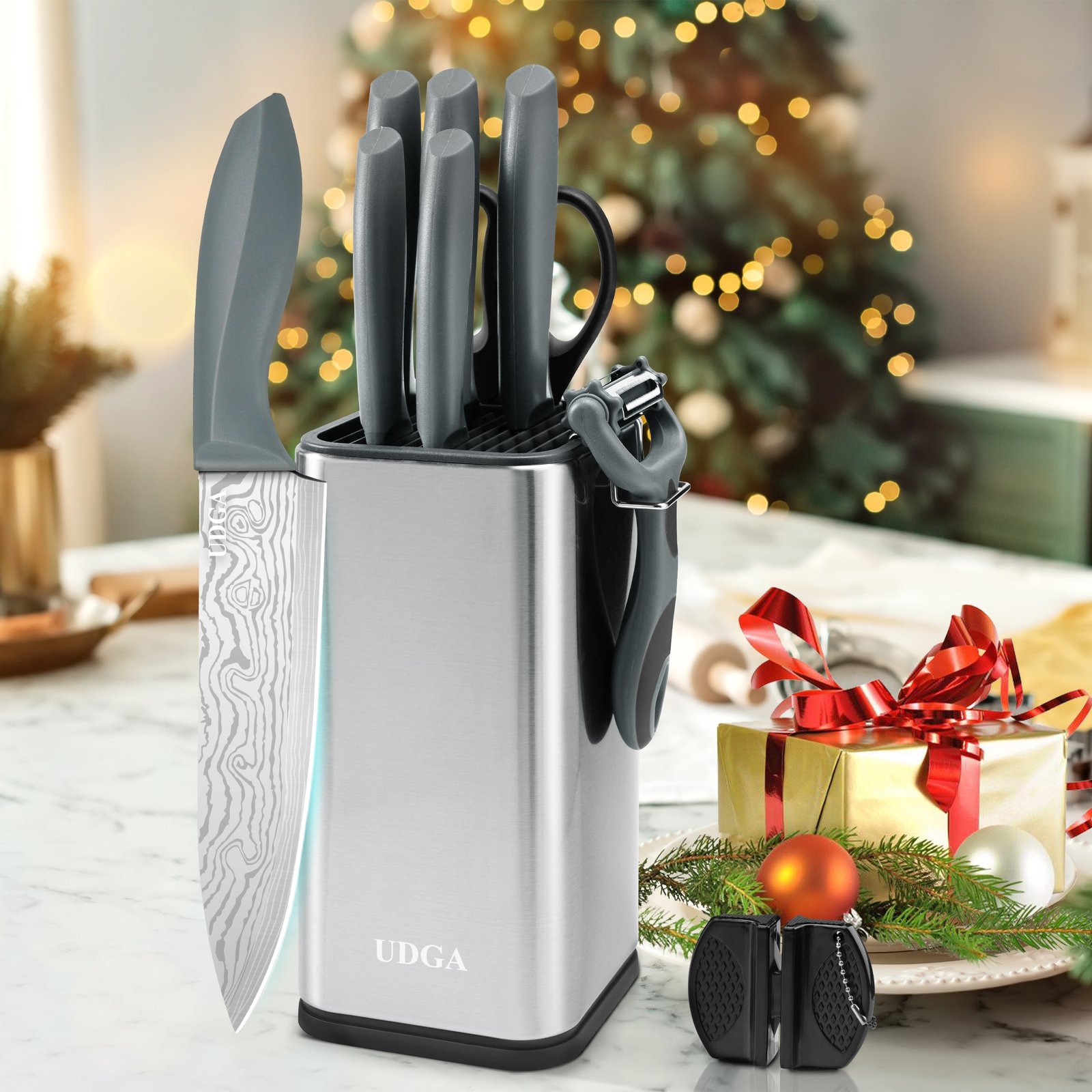 Damascus Patterned Stainless Steel Knife Set, Professional Kitchen Knife Collection, Chef'S Knife, Slicing Knife, Peeler, And Scissors, Made of High-Carbon Stainless Steel with Ultra-Sharp Blades, Featuring Non-Stick Ergonomic ABS Handles, Perfect for Home Use, Travel, And As a Gift Set. - Image 3