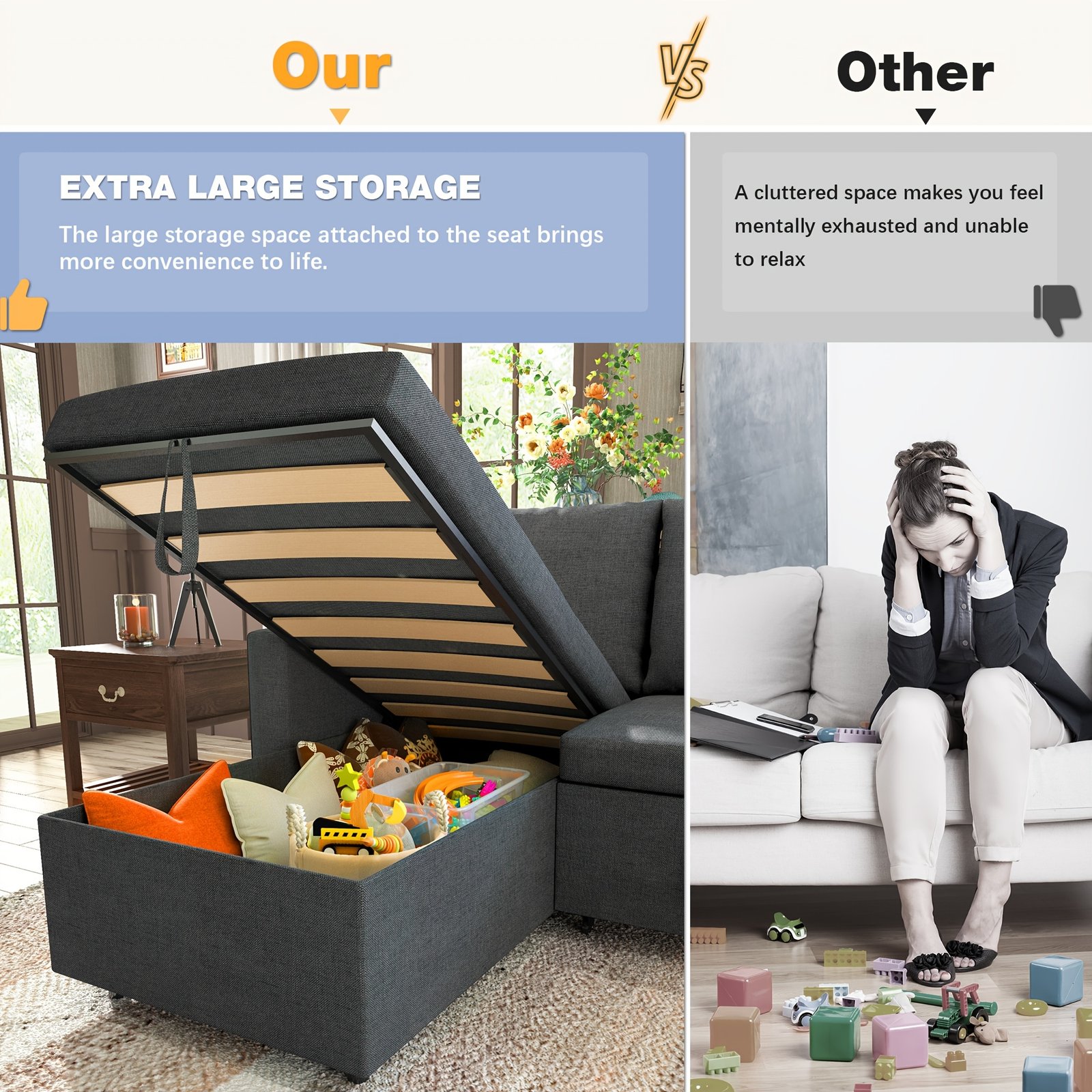 Polar Aurora Sleeper Soft Bed, Pull Out Couch Bed with Storage Chaise, Iron Frame Soft Futon Sofa, Convertible Sleeper Couch for Living Room/Apartment/Office. (Linen L-Shape, Dark Gray) - Image 3