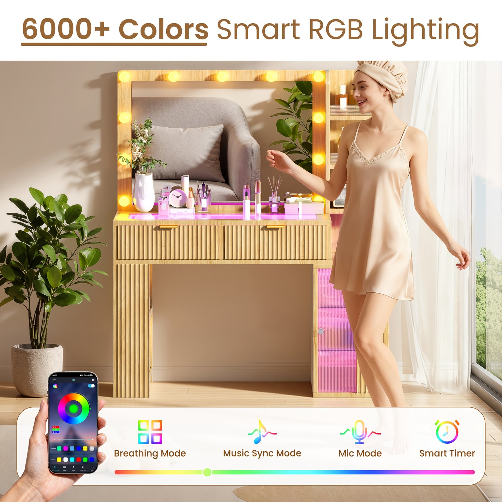 Hollywood Style Makeup Vanity Desk with Large 37" Lighted Mirror, RGB Color Changing Lights, Vanity Table with Tempered Glass Top, Lighted Drawers, 5-Tier Shelves & Acrylic Cabinet, Gift for Women - Image 5