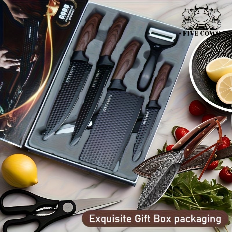 Five Cows 1/6pcs Set, Specially Designed for Outdoor Camping, Including Kitchen Knife, Bone Chopping Knife, Fruit Knife, Scissors And Fruit Knife, A Set Of Cooking Knives In Line with Human Health, Suitable for Outdoor Cooking, Birthday Gift - Image 4