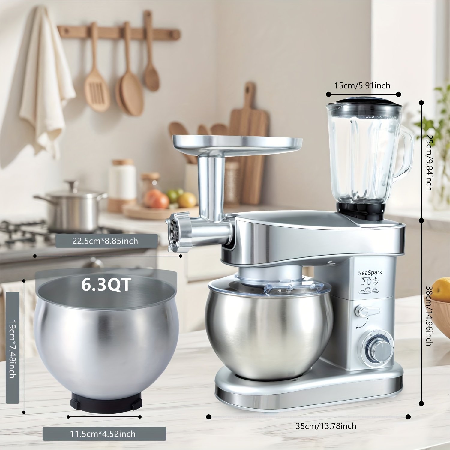 6-in-1 Electric Vertical Mixer, 400W 6-speed with Pulse Button, Accessories with 6.3QT Stainless Steel Bowl, Mixer, Dough Hook, Egg Beater, Spatula, Juicer Accessories, Meat Grinder Accessories and Noodle Pressing Accessories - Image 7