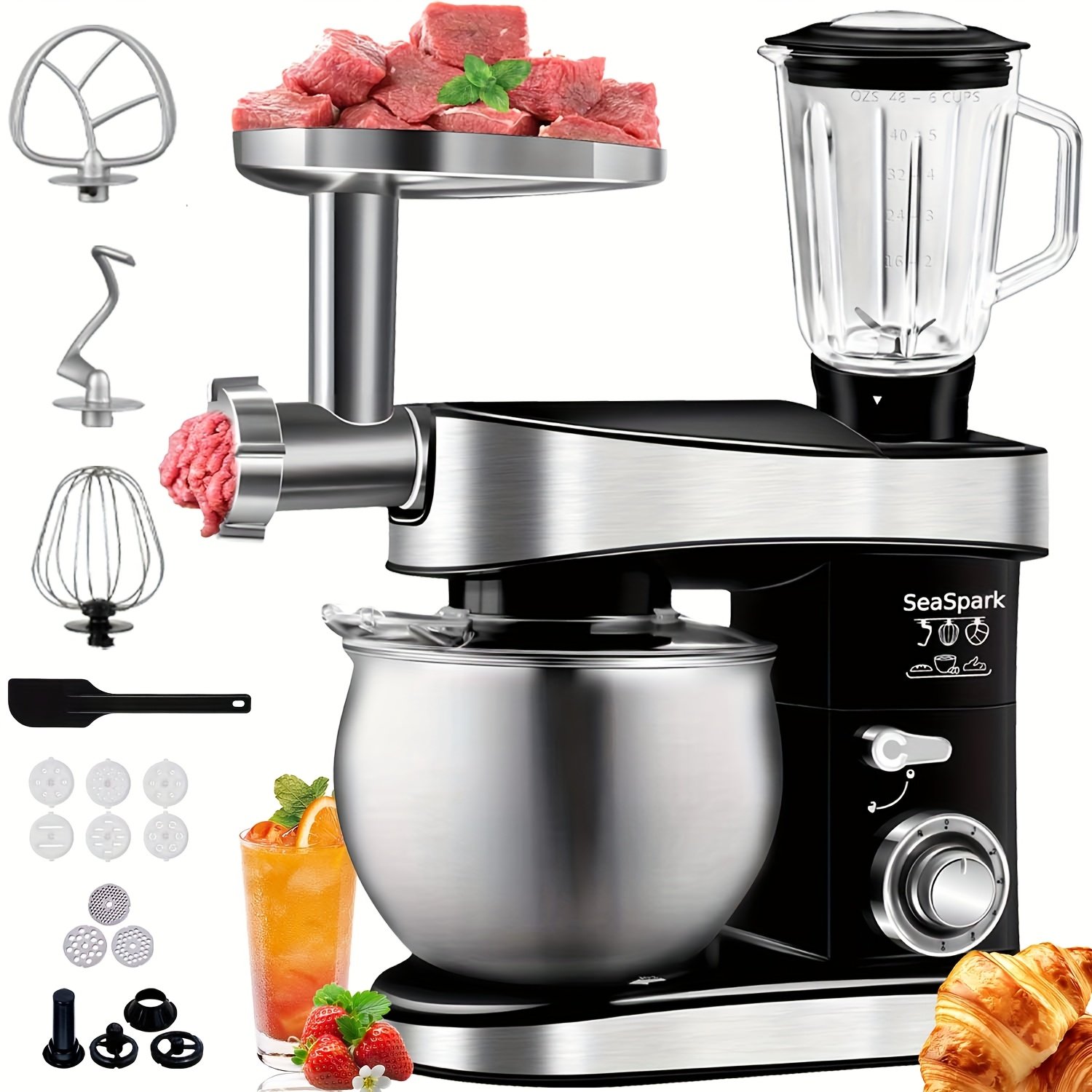 6-in-1 Electric Vertical Mixer, 400W 6-speed with Pulse Button, Accessories with 6.3QT Stainless Steel Bowl, Mixer, Dough Hook, Egg Beater, Spatula, Juicer Accessories, Meat Grinder Accessories and Noodle Pressing Accessories - Image 3