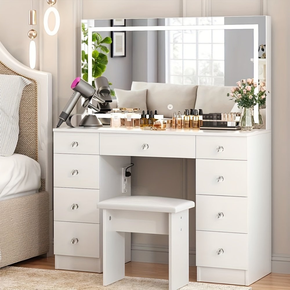 43" Makeup Vanity Desk Set Featuring a Power Outlet, Illuminated Mirror, Stool, And 9 Drawers - Image 4