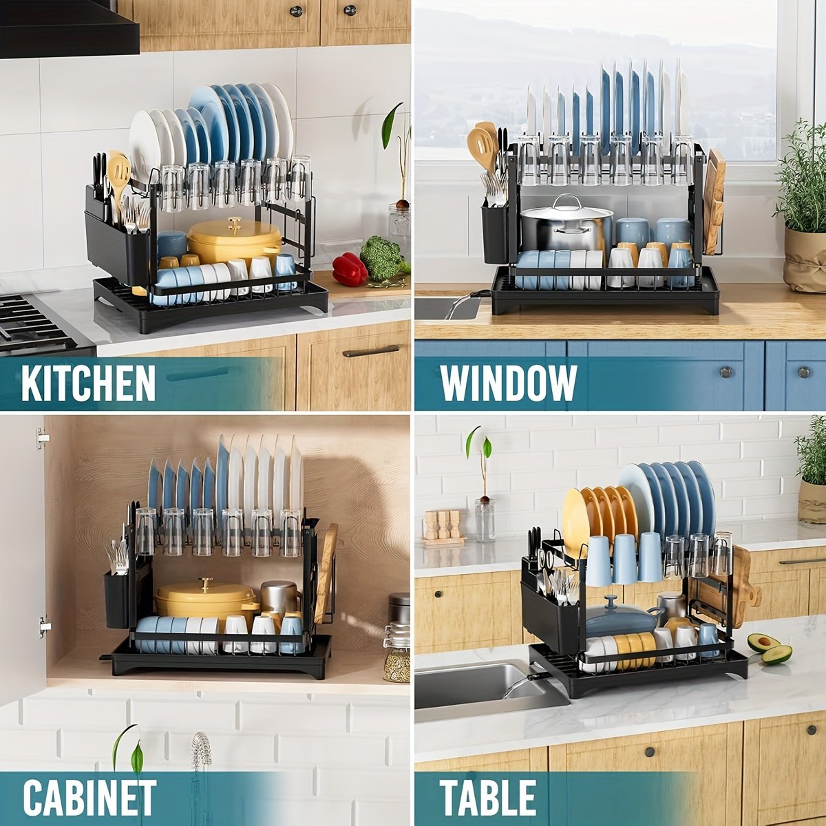 Two-Level Dish Drying Rack for Kitchen Surfaces, Dish Drainer with a Drainboard, Metal Kitchen Dish Holder with Drainage, Two-Tier Kitchen Drying Rack, Black Dish Holders - Image 3