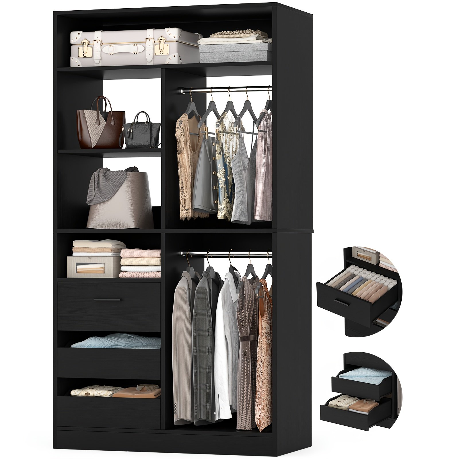 36Inch Closet System with 3 Drawers, 3ft Closet Organizer, Wood Closet Organizer System, Walk-in Closet Or Small Closets Wardrobe, Clothes Rack with 2 Hanging Rods And Storage Shelves, 36" L X 16" W X 80" H - Image 7