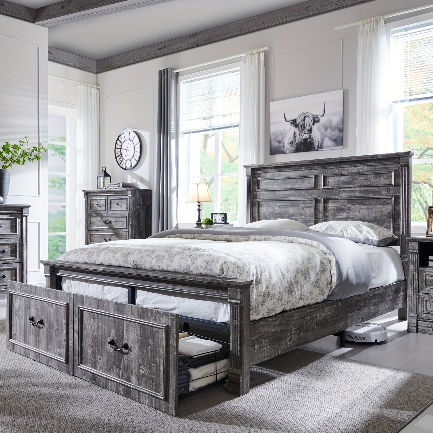 Farmhouse King/ Queen/ Full Size Bed Frame with Tall Headboard, Wood Platform Bed Frame with 20" Tall Roman Column Decoration Footboard & 3 Large Storage Drawers, No Box Spring Needed - Image 7