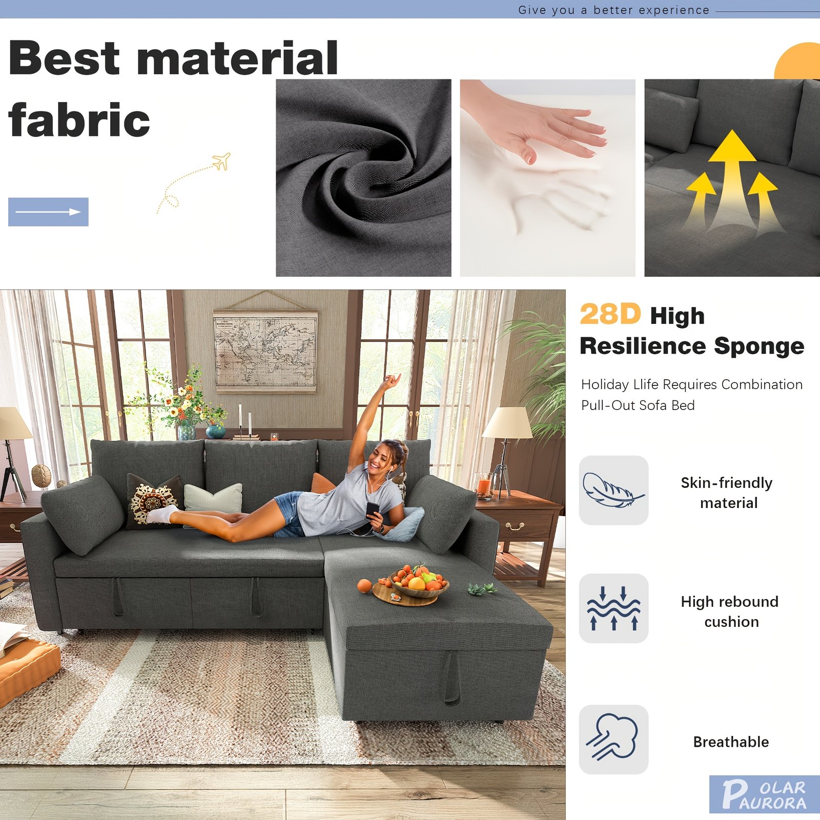 Polar Aurora Sleeper Soft Bed, Pull Out Couch Bed with Storage Chaise, Iron Frame Soft Futon Sofa, Convertible Sleeper Couch for Living Room/Apartment/Office. (Linen L-Shape, Dark Gray) - Image 6