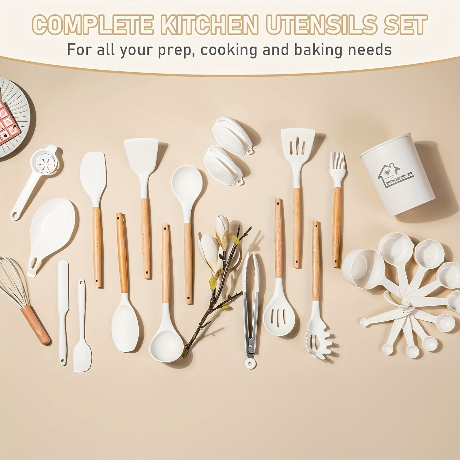 Food-Grade Silicone Cooking Tool Set With Wooden Handles And Stands, BPA-Free Non-Stick Cookware Gadgets For Baking, Stirring And Serving - Image 5