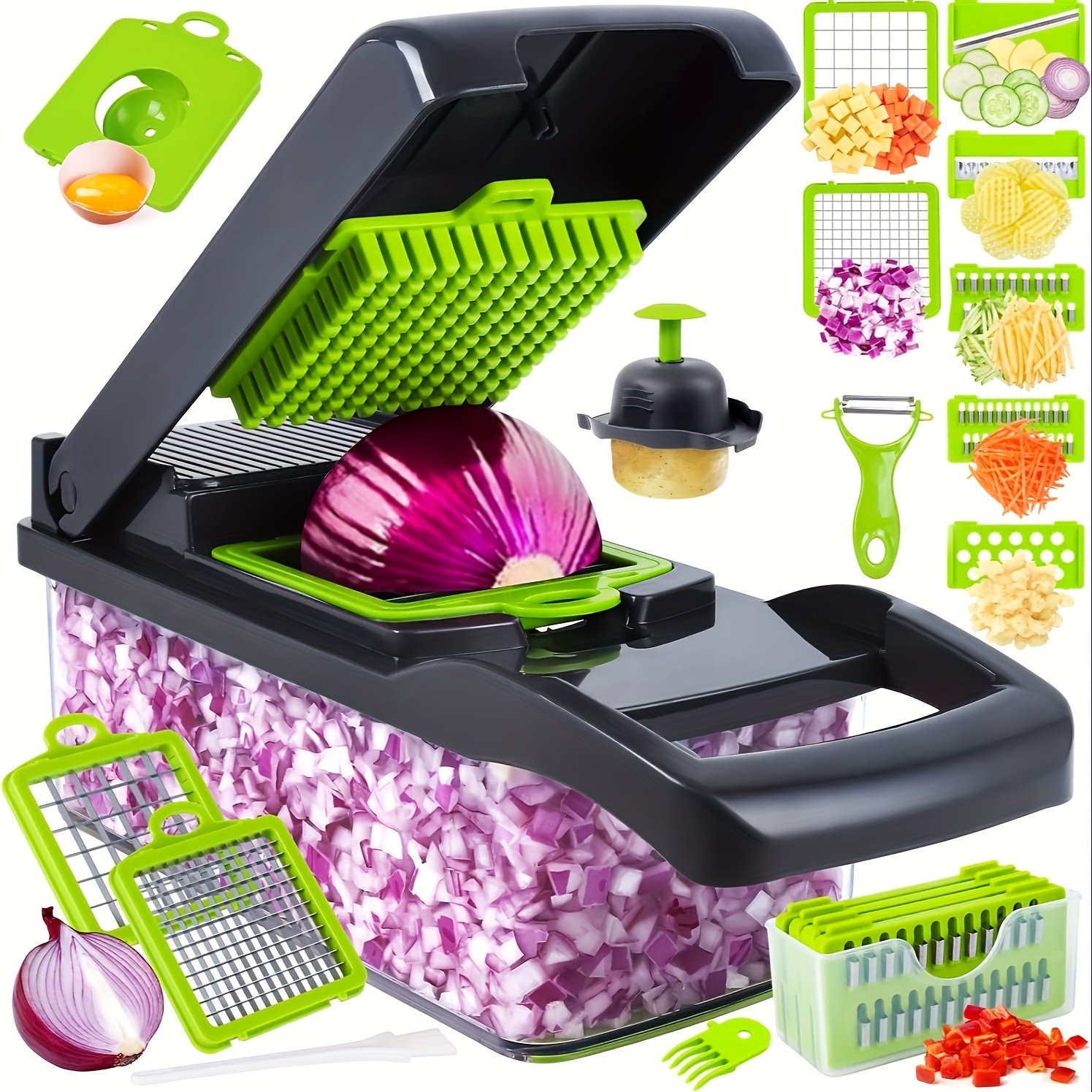 Professional Multifunctional 16-in-1 Vegetable Chopper - Onion Chopper, Kitchen Vegetable Slicer and Dicer - with 8 Blades, Carrot Chopper and Container