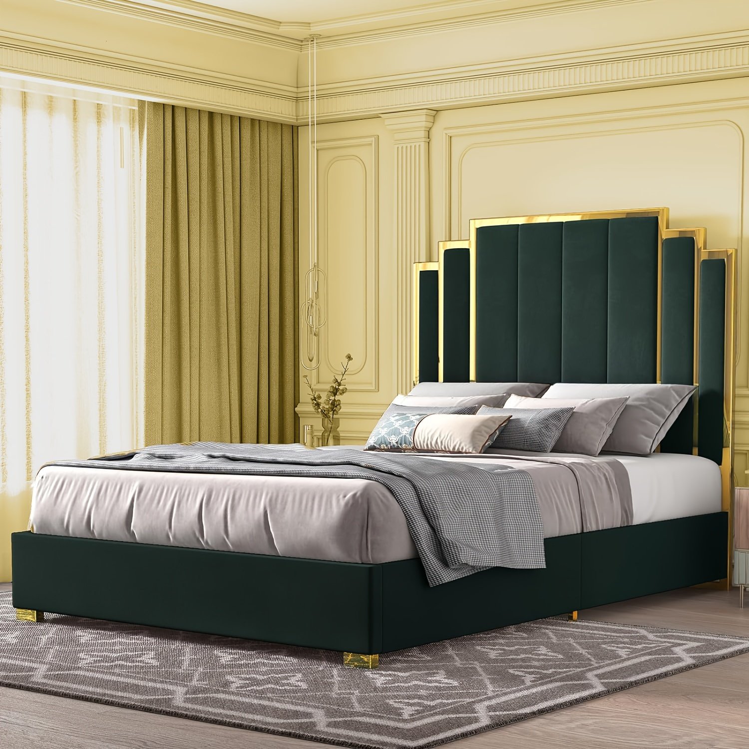Papajet Upholstered Bed Frame with Golden Accents And a 61-Inch Headboard - Contemporary Platform Design - Image 9