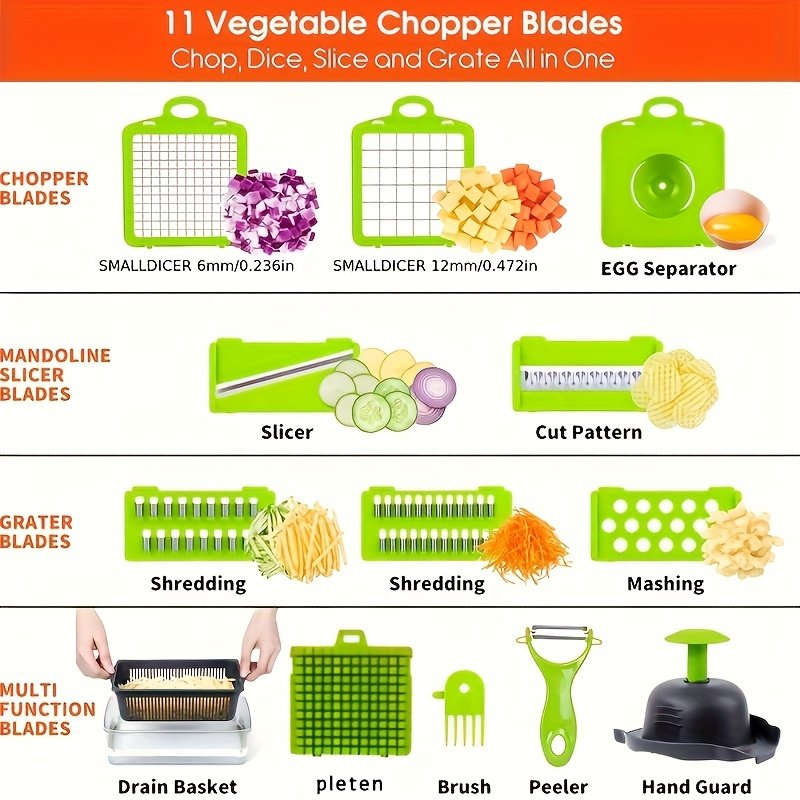Professional Multifunctional 16-in-1 Vegetable Chopper - Onion Chopper, Kitchen Vegetable Slicer and Dicer - with 8 Blades, Carrot Chopper and Container - Image 6