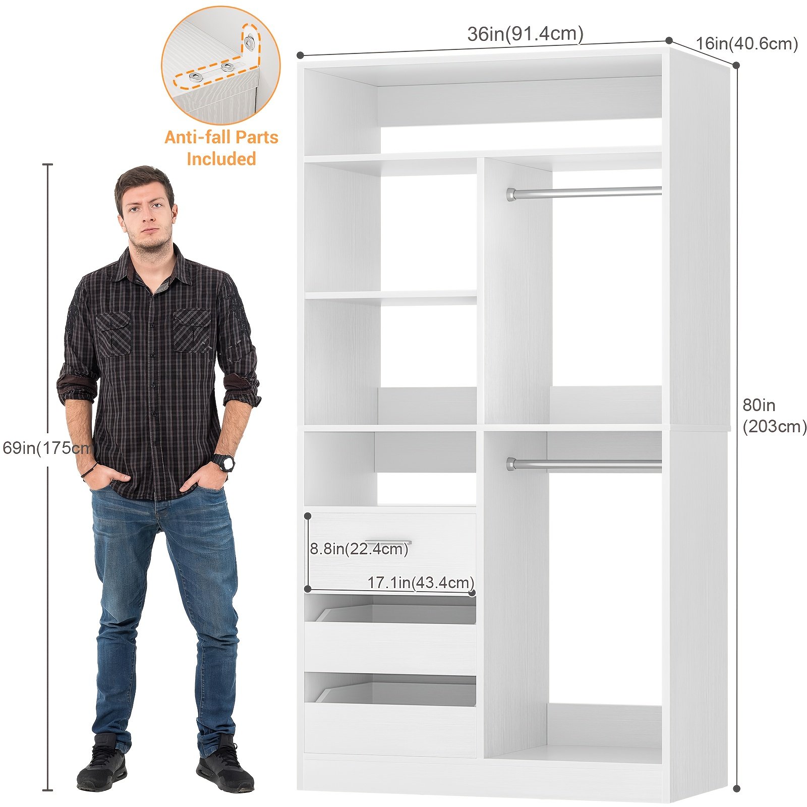 36Inch Closet System with 3 Drawers, 3ft Closet Organizer, Wood Closet Organizer System, Walk-in Closet Or Small Closets Wardrobe, Clothes Rack with 2 Hanging Rods And Storage Shelves, 36" L X 16" W X 80" H - Image 4