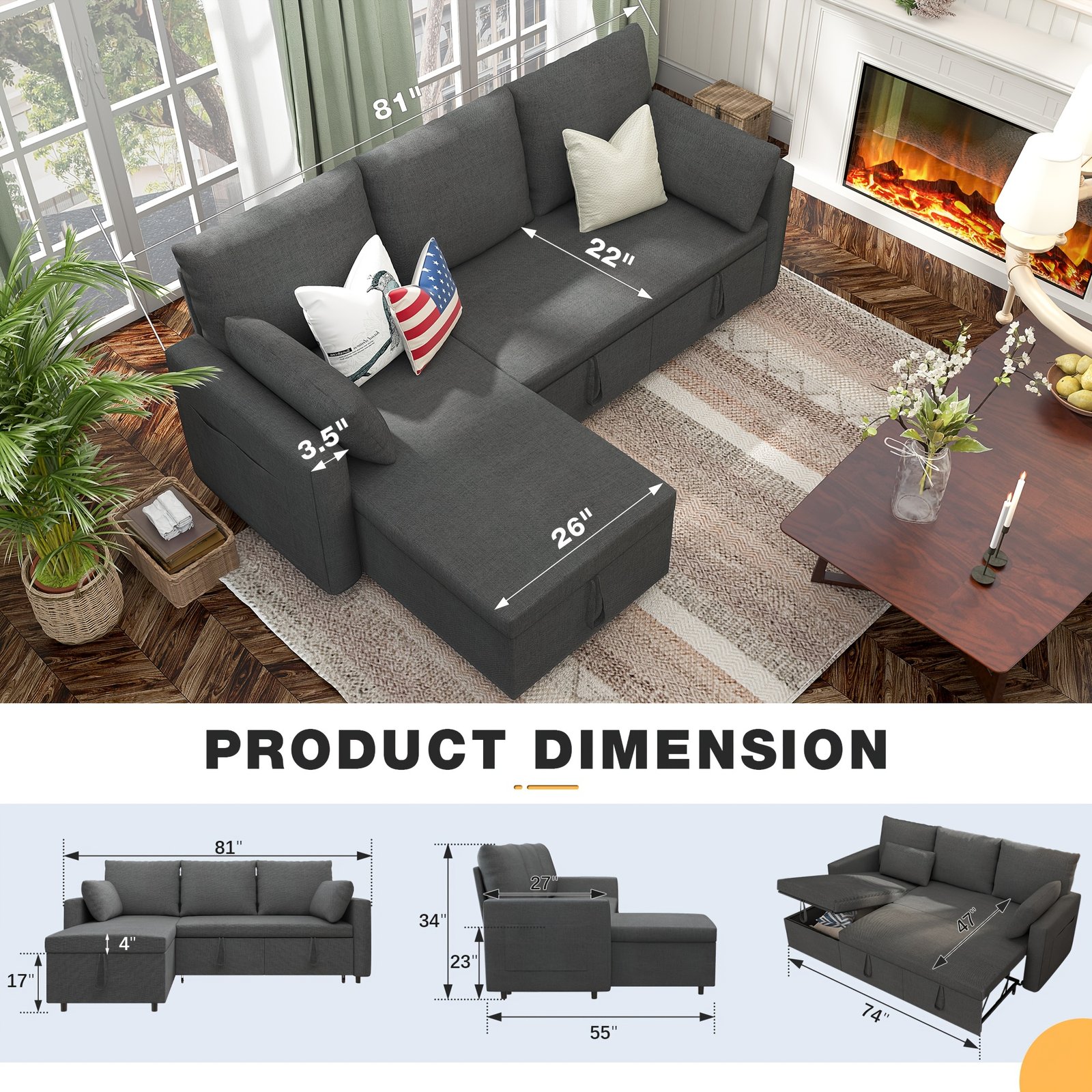 Polar Aurora Sleeper Soft Bed, Pull Out Couch Bed with Storage Chaise, Iron Frame Soft Futon Sofa, Convertible Sleeper Couch for Living Room/Apartment/Office. (Linen L-Shape, Dark Gray) - Image 10