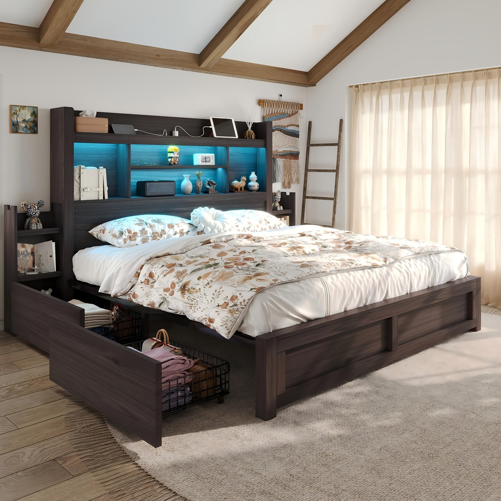 Wooden Bed Frame for a Farmhouse Style Featuring Four Storage Drawers, an LED Headboard with a 49-Inch Tall Bookcase, a Wooden Platform Bed Equipped with a Charging Station, And Two Sliding Bedside Shelves. - Image 5