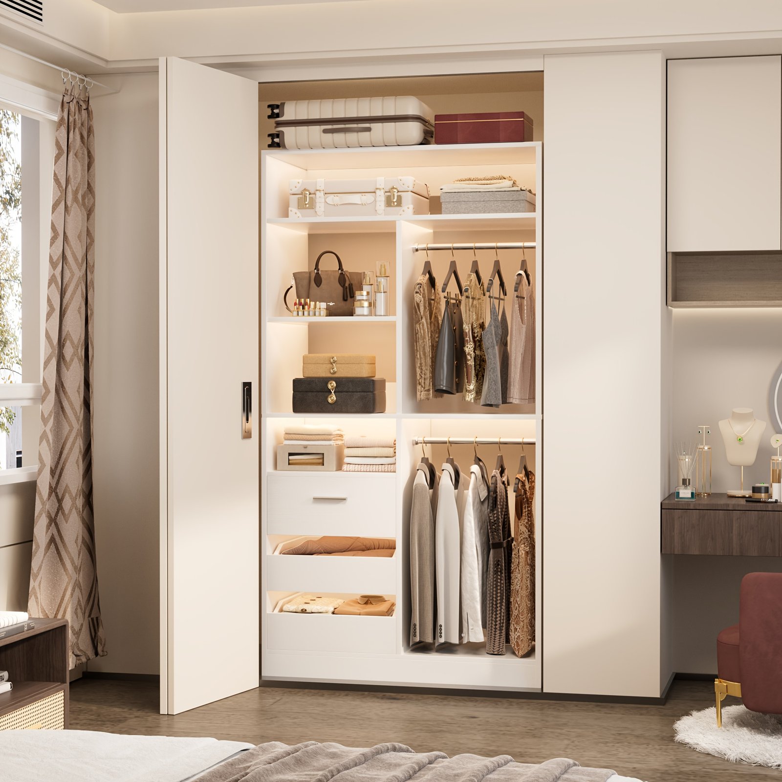 36Inch Closet System with 3 Drawers, 3ft Closet Organizer, Wood Closet Organizer System, Walk-in Closet Or Small Closets Wardrobe, Clothes Rack with 2 Hanging Rods And Storage Shelves, 36" L X 16" W X 80" H - Image 5