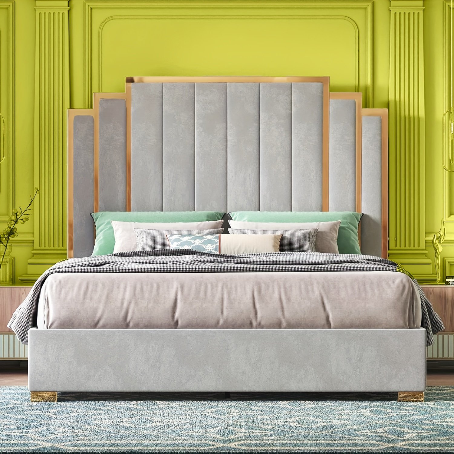 Papajet Upholstered Bed Frame with Golden Accents And a 61-Inch Headboard - Contemporary Platform Design - Image 7