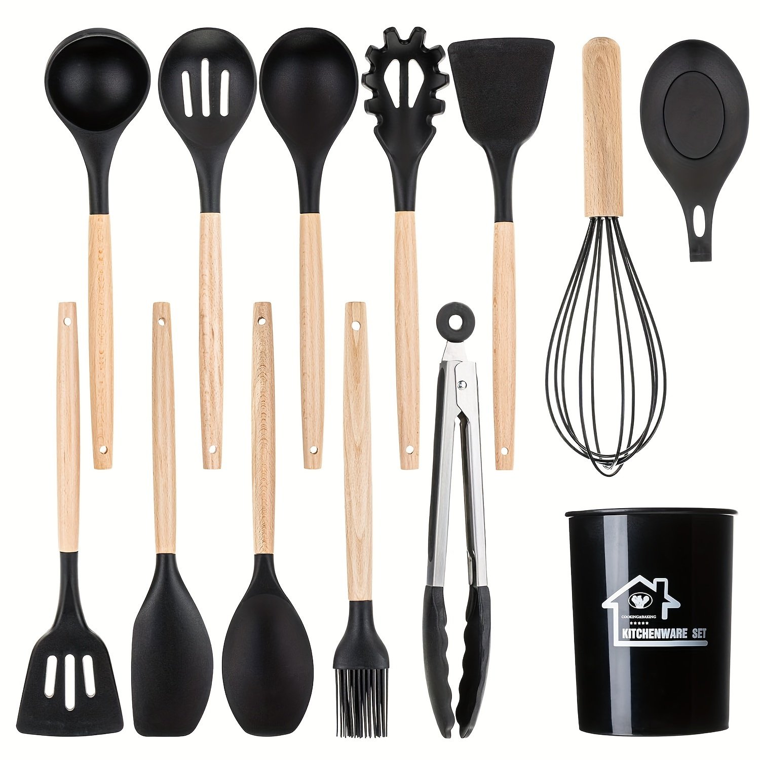 Food-Grade Silicone Cooking Tool Set With Wooden Handles And Stands, BPA-Free Non-Stick Cookware Gadgets For Baking, Stirring And Serving - Image 8