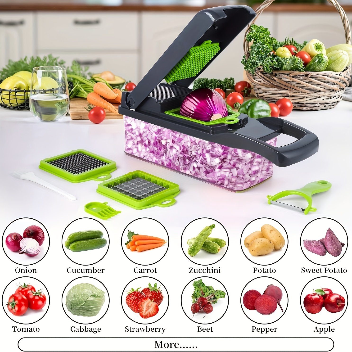 Professional Multifunctional 16-in-1 Vegetable Chopper - Onion Chopper, Kitchen Vegetable Slicer and Dicer - with 8 Blades, Carrot Chopper and Container - Image 3