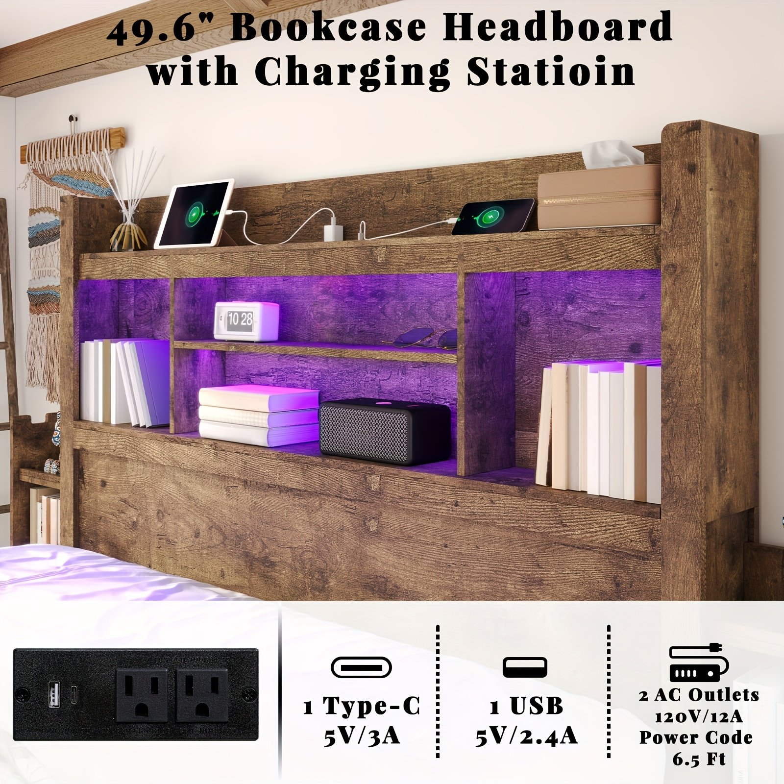 Wooden Bed Frame for a Farmhouse Style Featuring Four Storage Drawers, an LED Headboard with a 49-Inch Tall Bookcase, a Wooden Platform Bed Equipped with a Charging Station, And Two Sliding Bedside Shelves. - Image 9