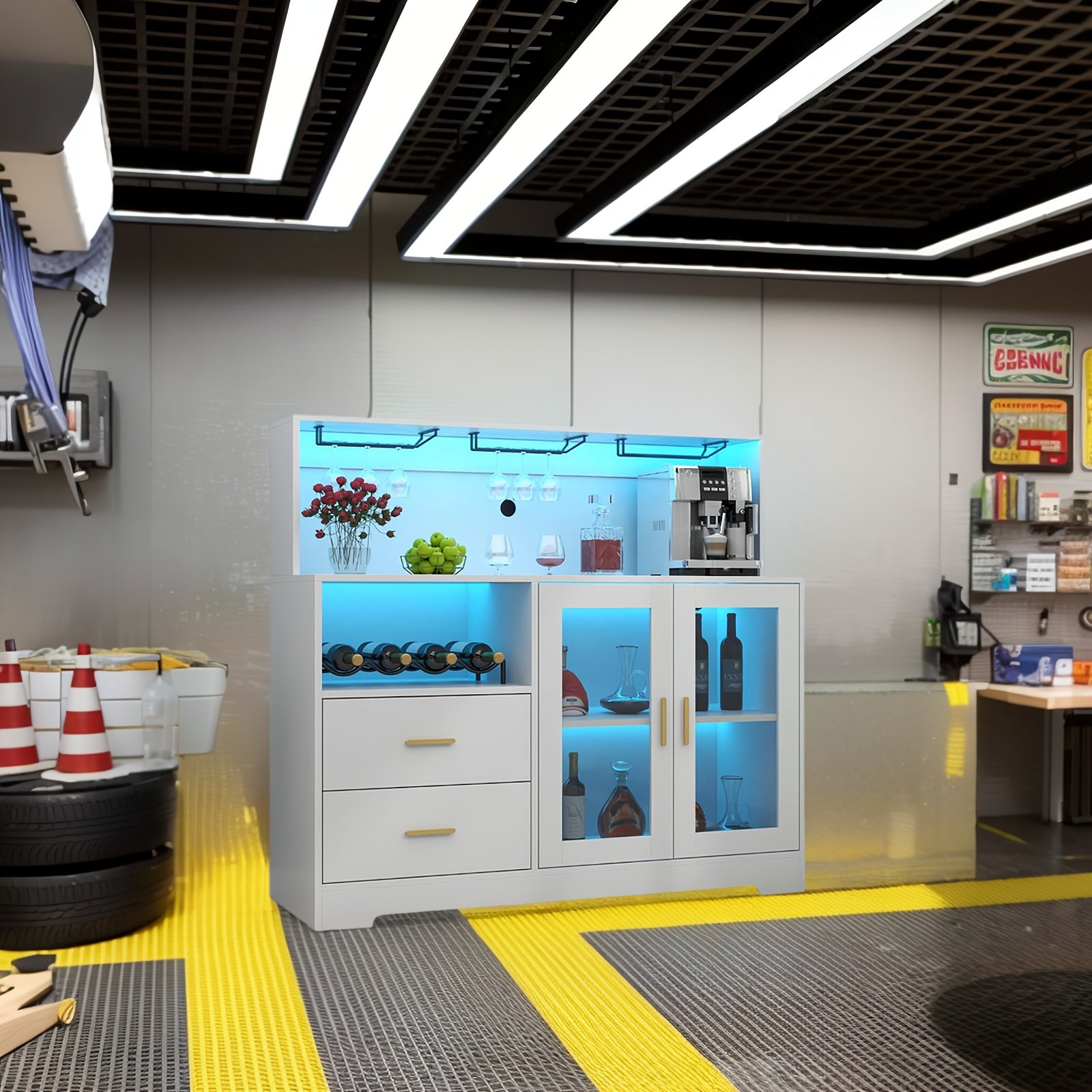 A Wine Storage Cabinet Featuring LED Lighting, Equipped with Racks for Wine And Glasses, Serving As a Kitchen Buffet Sideboard with Additional Storage And Drawers, Designed As a Contemporary Liquor Cabinet And Organizer. - Image 4