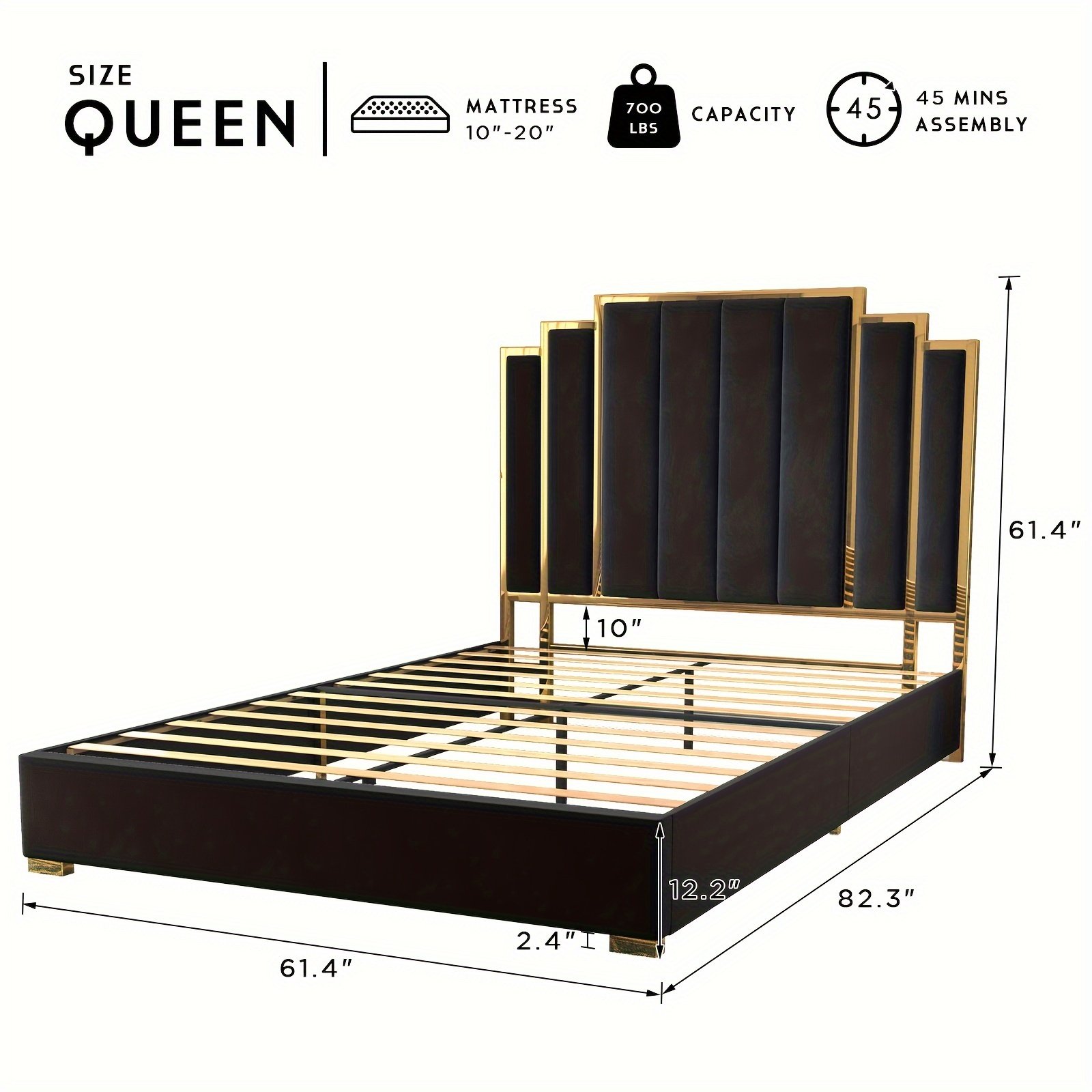 Papajet Upholstered Bed Frame with Golden Accents And a 61-Inch Headboard - Contemporary Platform Design - Image 6
