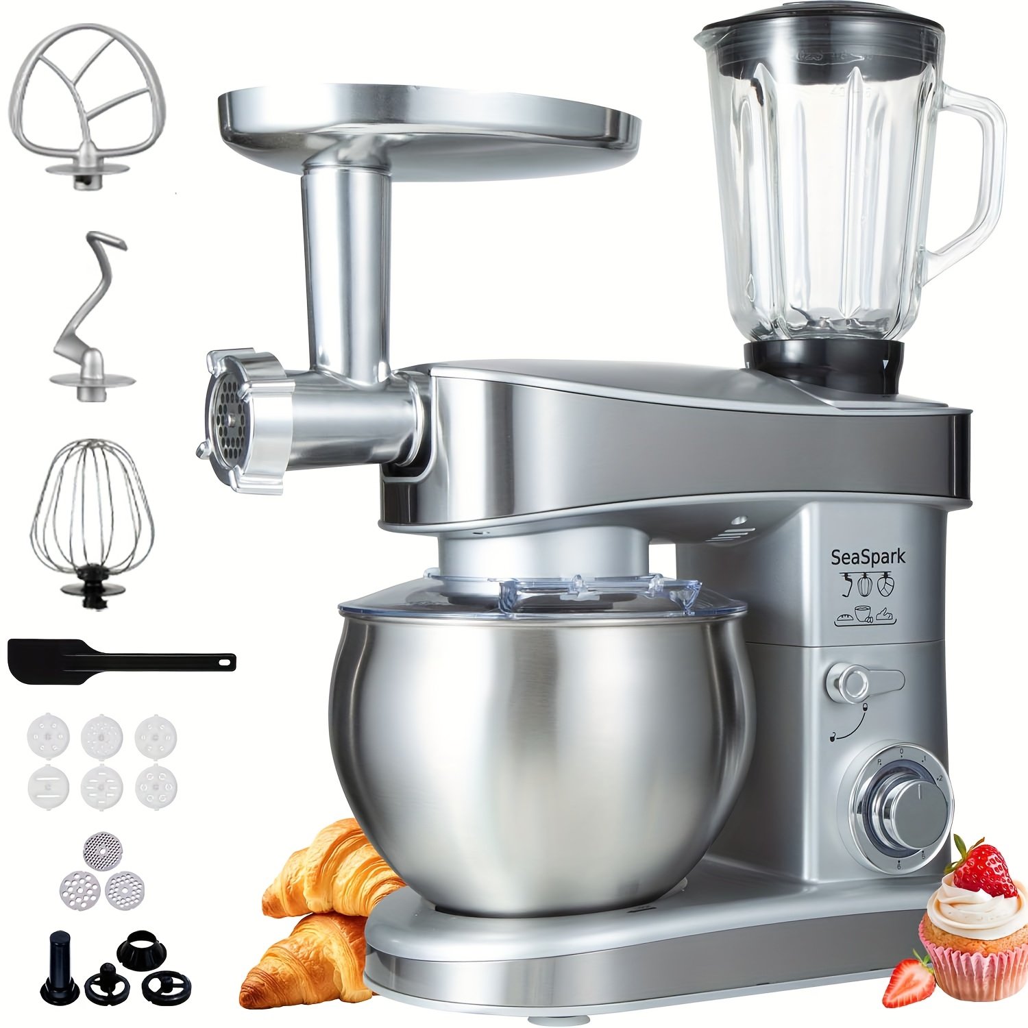 6-in-1 Electric Vertical Mixer, 400W 6-speed with Pulse Button, Accessories with 6.3QT Stainless Steel Bowl, Mixer, Dough Hook, Egg Beater, Spatula, Juicer Accessories, Meat Grinder Accessories and Noodle Pressing Accessories - Image 2