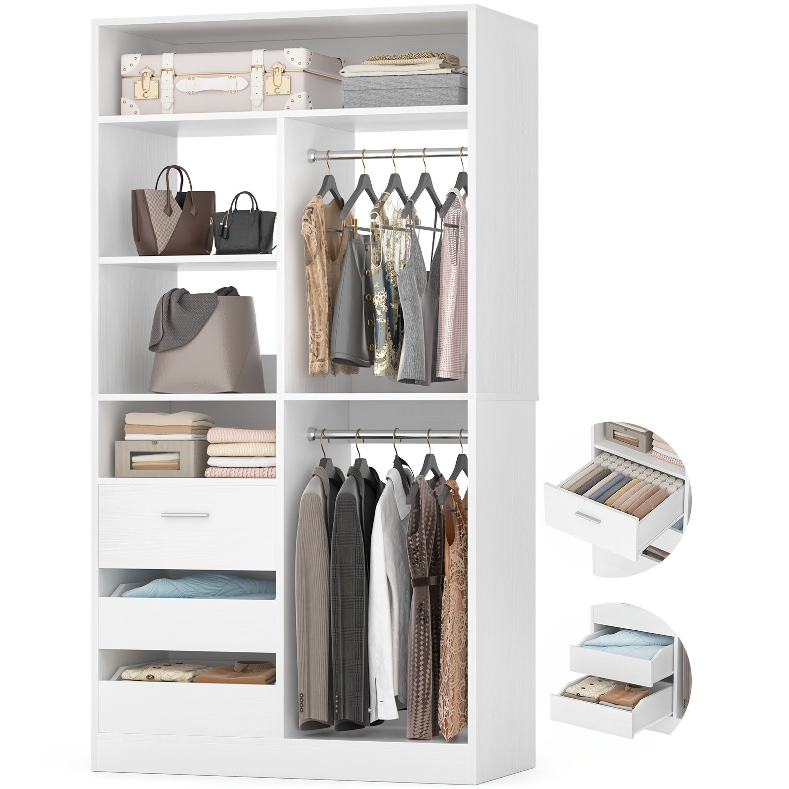 36Inch Closet System with 3 Drawers, 3ft Closet Organizer, Wood Closet Organizer System, Walk-in Closet Or Small Closets Wardrobe, Clothes Rack with 2 Hanging Rods And Storage Shelves, 36" L X 16" W X 80" H - Image 2