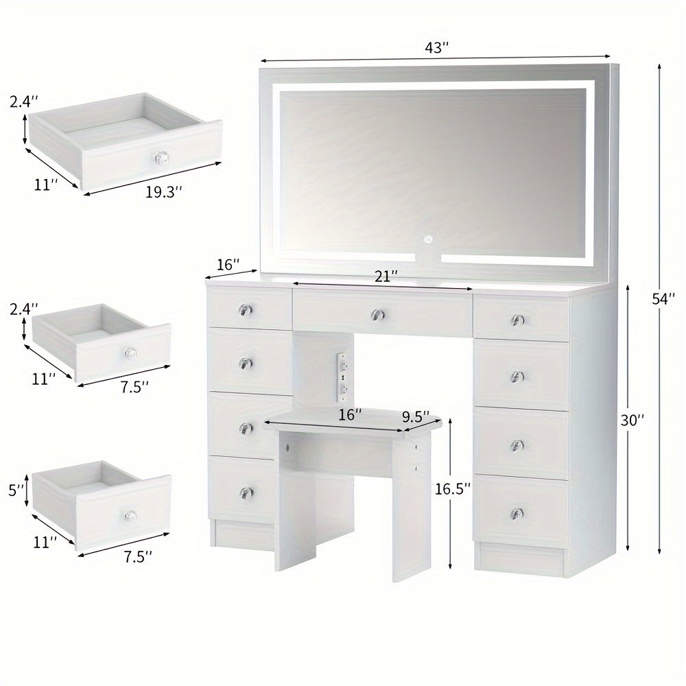 43" Makeup Vanity Desk Set Featuring a Power Outlet, Illuminated Mirror, Stool, And 9 Drawers